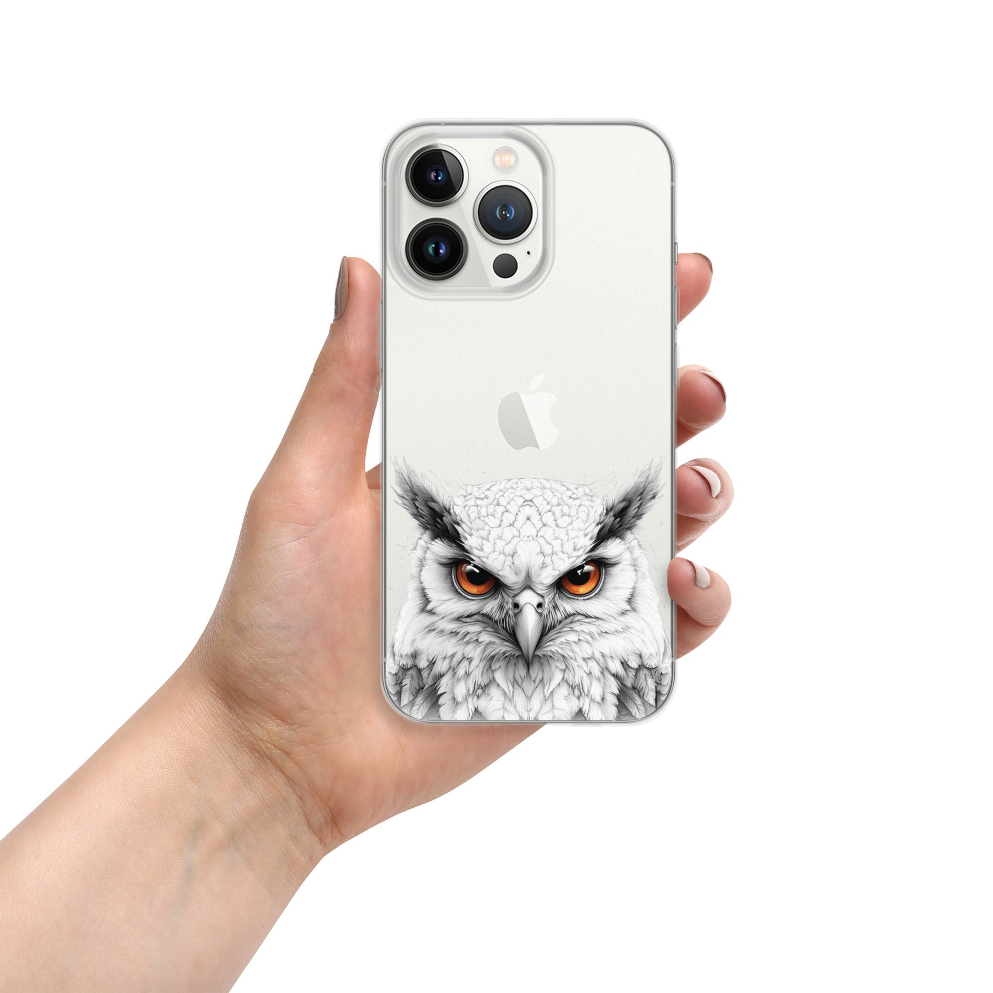 Snowy Owl Glare Clear Case for iPhone 13 Pro - Minimalist White Owl Illustration Protective Cover