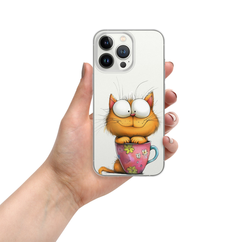 Goofy Cat in Cup Clear Case for iPhone 13 Pro - Funny Cartoon Kitty Protective Cover