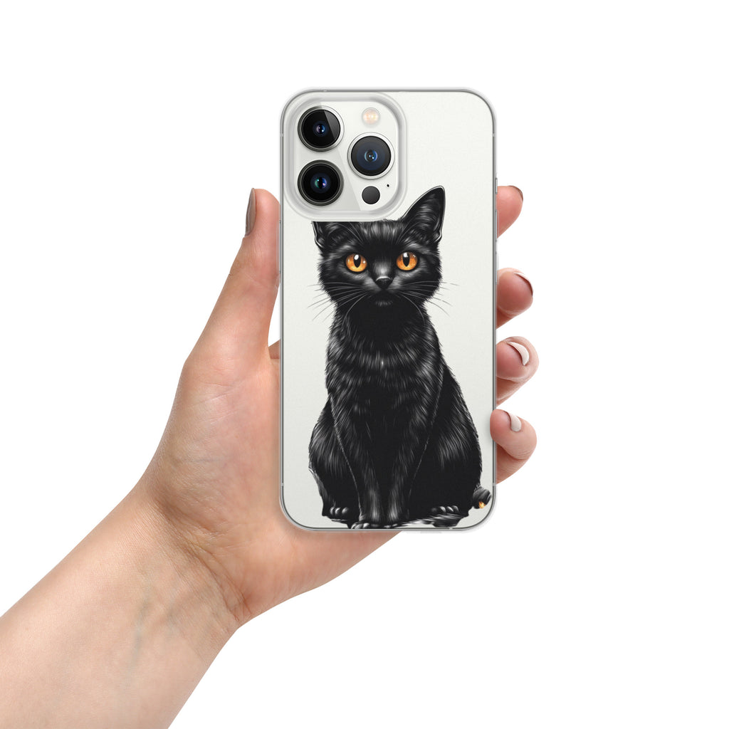 Midnight Black Cat Clear Case for iPhone 13 Pro - Elegant Black Cat Illustration Protective Cover