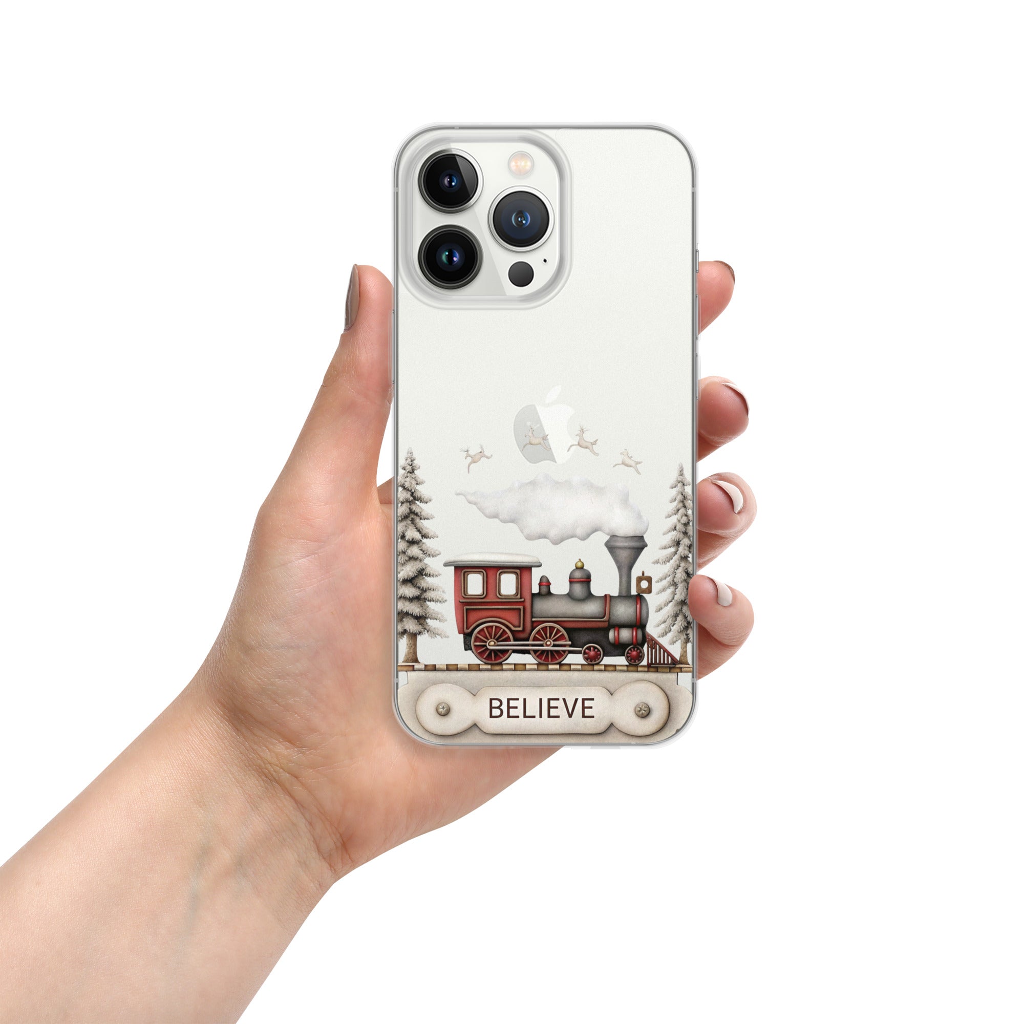 Believe Christmas Train Clear Case for iPhone 13 Pro - Vintage Holiday Locomotive Winter Scene Cover