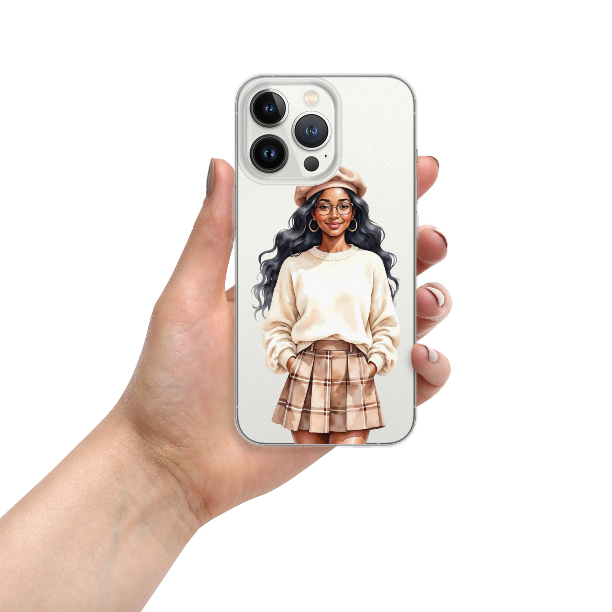 Cozy Plaid Autumn Girl Clear Case for iPhone 13 Pro - Fashion Illustration Protective Cover