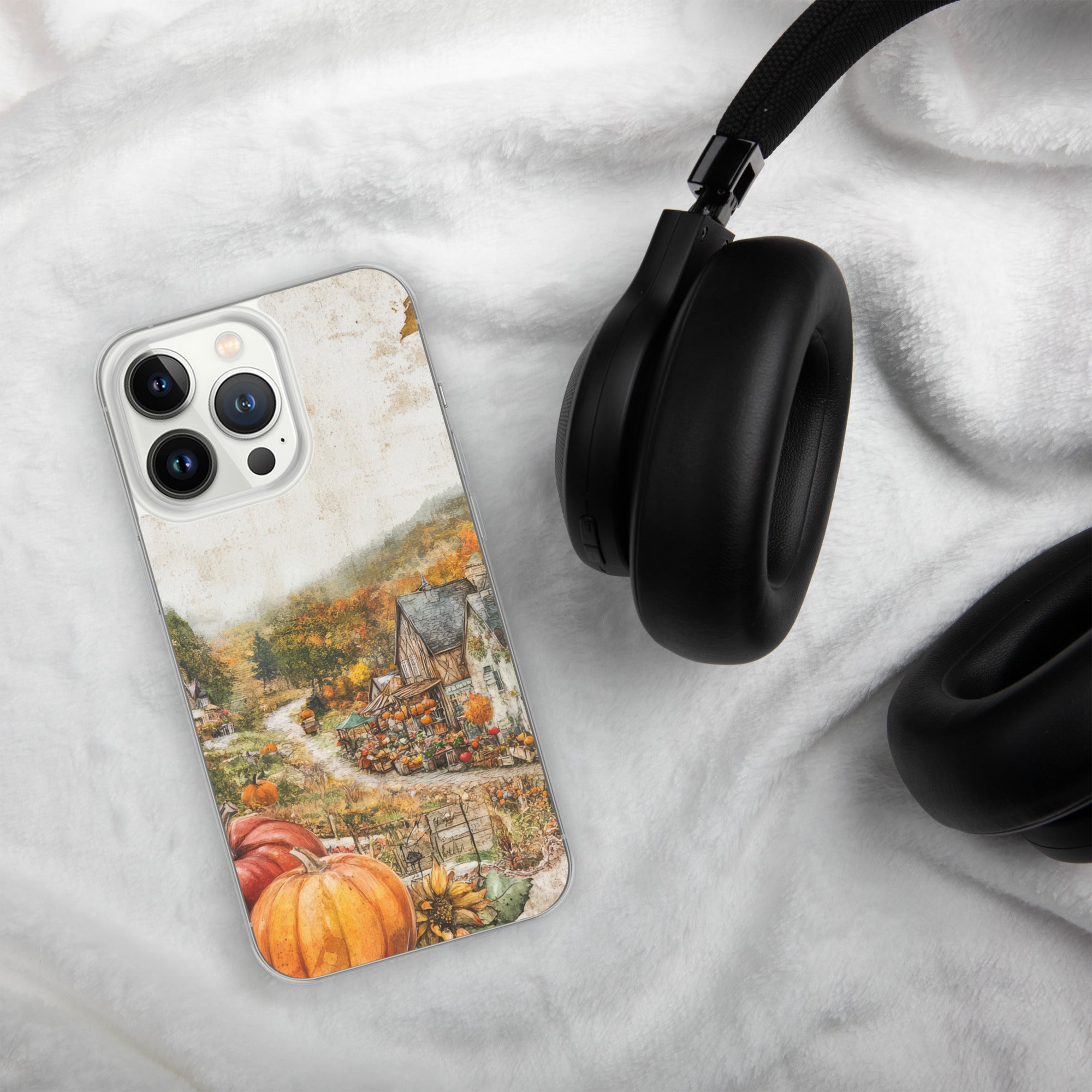 Autumn Village Clear Case for iPhone 13 Pro - Fall Rustic Pumpkin Design Protective Cover