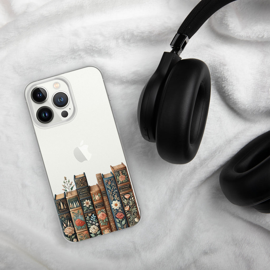 Vintage Floral Bookshelf Clear Case for iPhone 13 Pro - Dark Academia Book Lover Cover