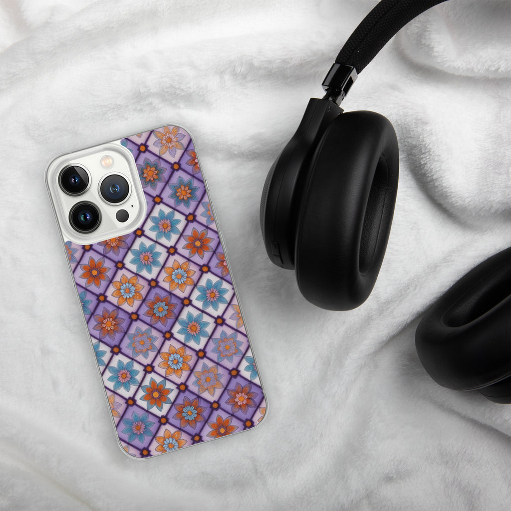 Violet Mosaic Blooms Clear Case for iPhone 13 Pro - Colorful Floral Pattern Protective Cover