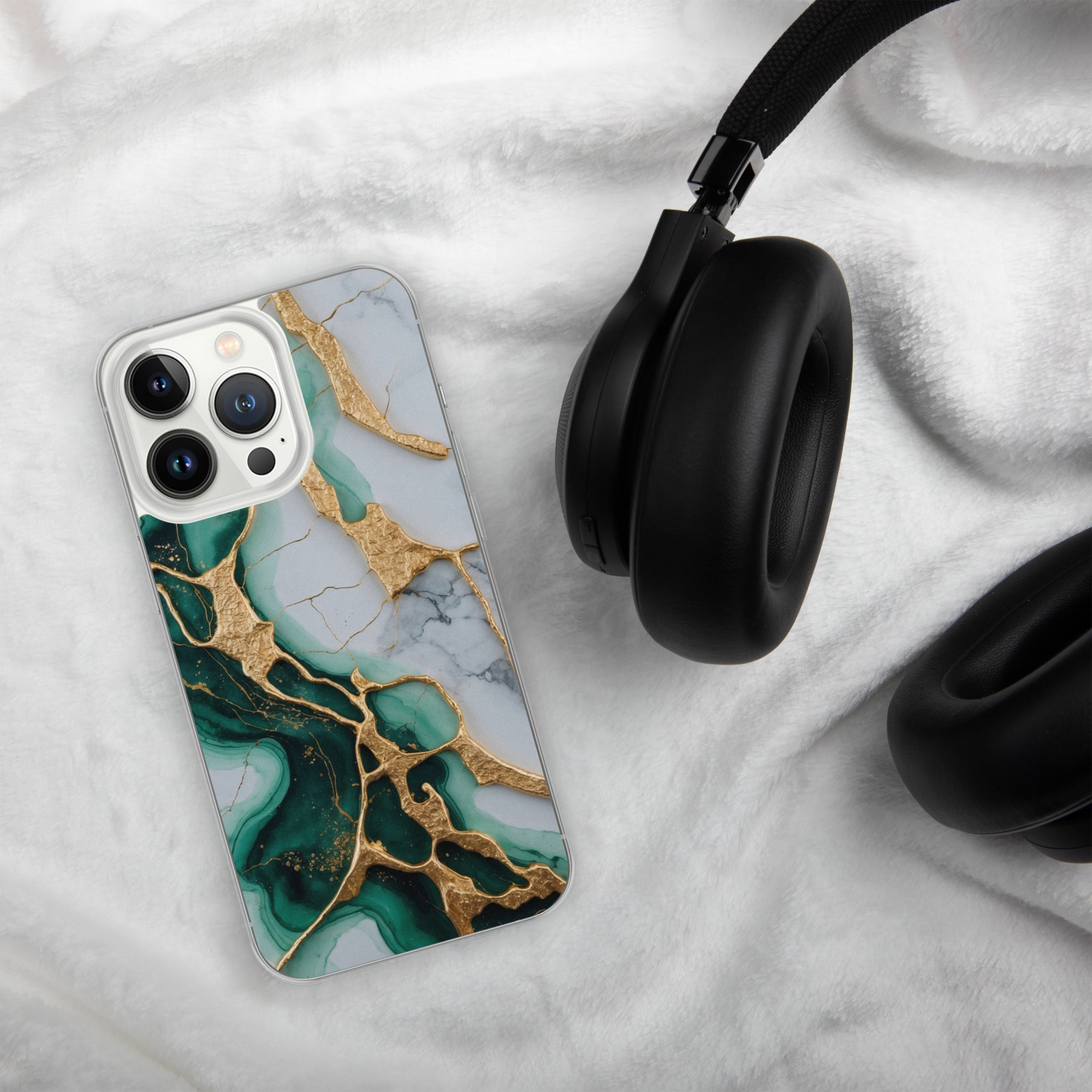 Emerald Golden Marble Flow Clear Case for iPhone 13 Pro - Luxury Green & Gold Marble Protective Cover