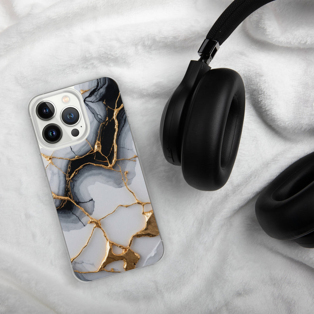 Golden Marble Veins Clear Case for iPhone 13 Pro - Luxury Black & White Marble Protective Cover