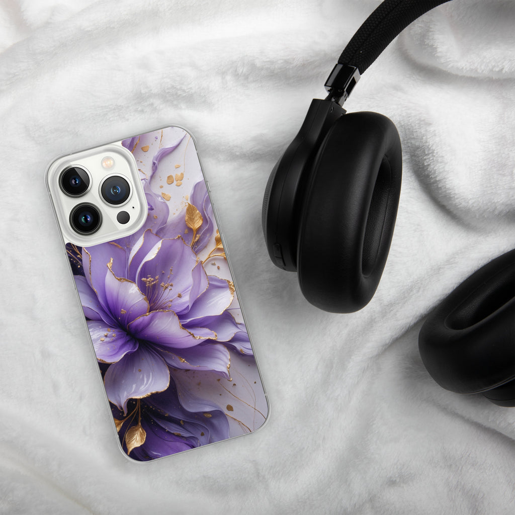 Royal Violet Bloom Clear Case for iPhone 13 Pro - Luxury Purple & Gold Floral Protective Cover