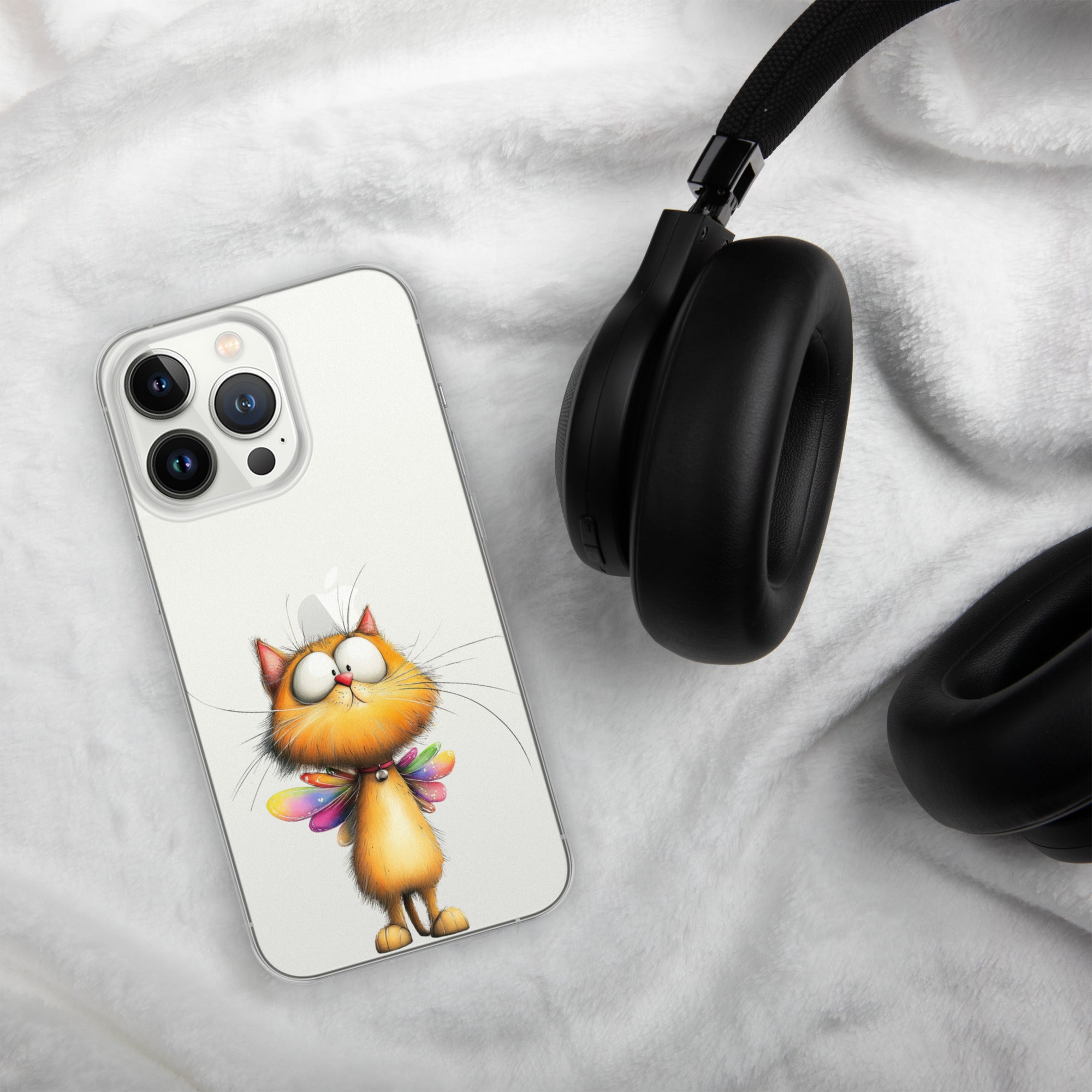 Fairy Cat Clear Case for iPhone 13 Pro - Cute Magical Kitty with Colorful Wings Protective Cover