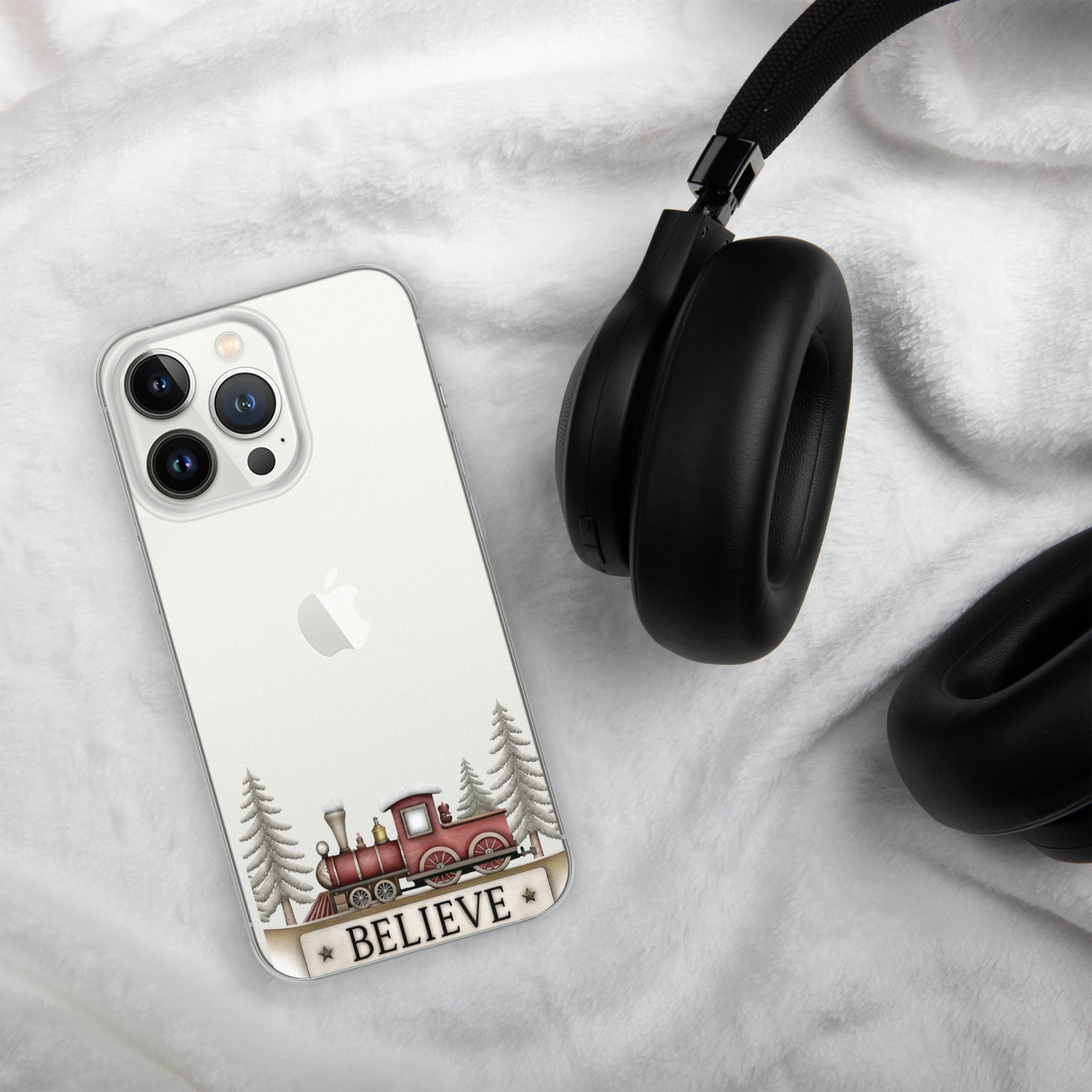 Christmas Believe Train Clear Case for iPhone 13 Pro - Vintage Holiday Train Illustration Protective Cover