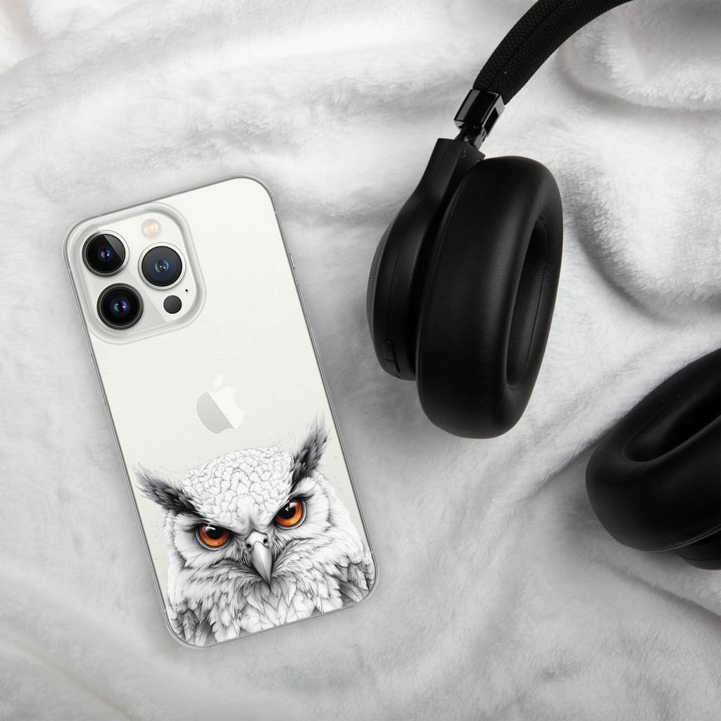 Snowy Owl Glare Clear Case for iPhone 13 Pro - Minimalist White Owl Illustration Protective Cover