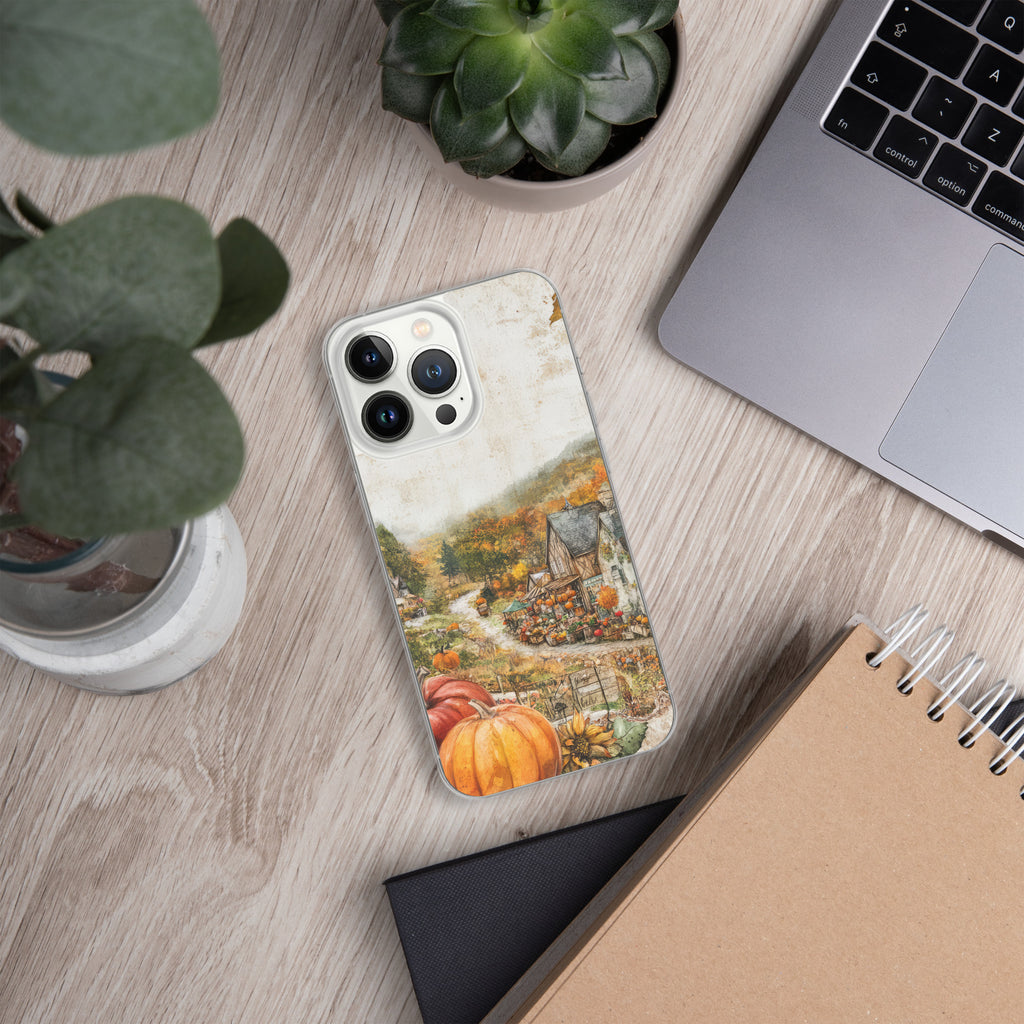 Autumn Village Clear Case for iPhone 13 Pro - Fall Rustic Pumpkin Design Protective Cover