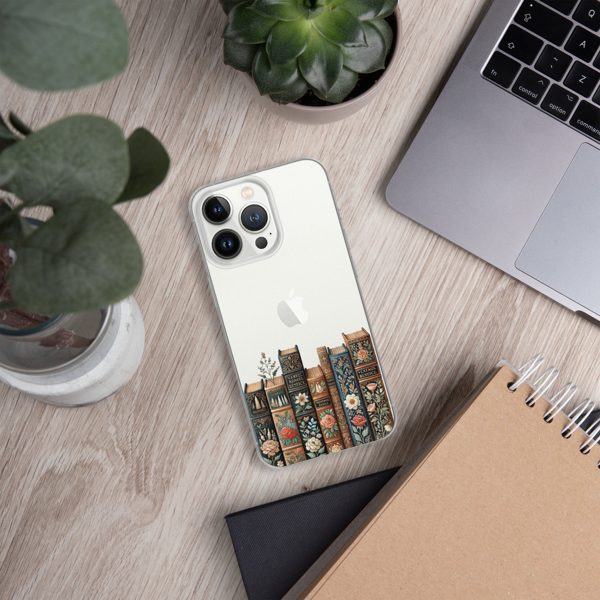 Vintage Floral Bookshelf Clear Case for iPhone 13 Pro - Dark Academia Book Lover Cover