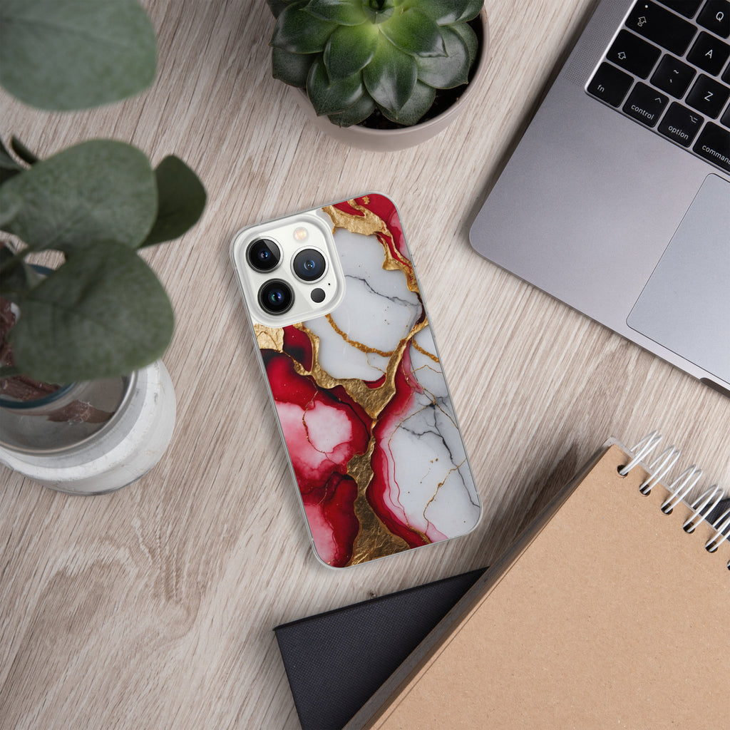 Crimson Golden Marble Luxe Clear Case for iPhone 13 Pro - Luxury Red & Gold Marble Protective Cover