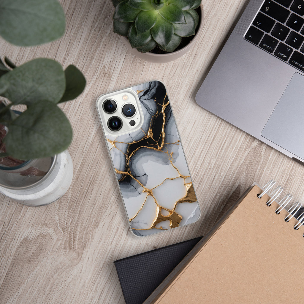 Golden Marble Veins Clear Case for iPhone 13 Pro - Luxury Black & White Marble Protective Cover