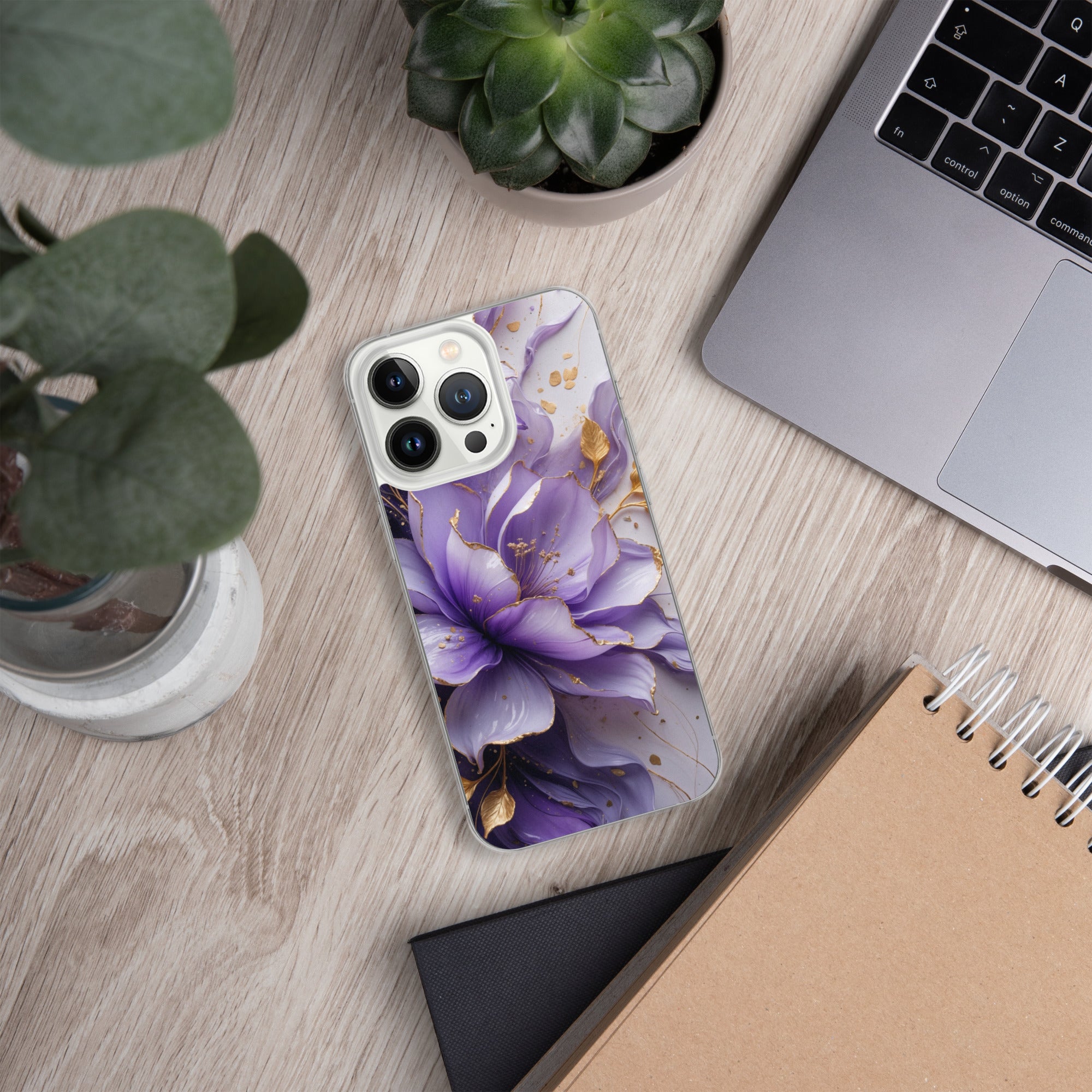 Royal Violet Bloom Clear Case for iPhone 13 Pro - Luxury Purple & Gold Floral Protective Cover