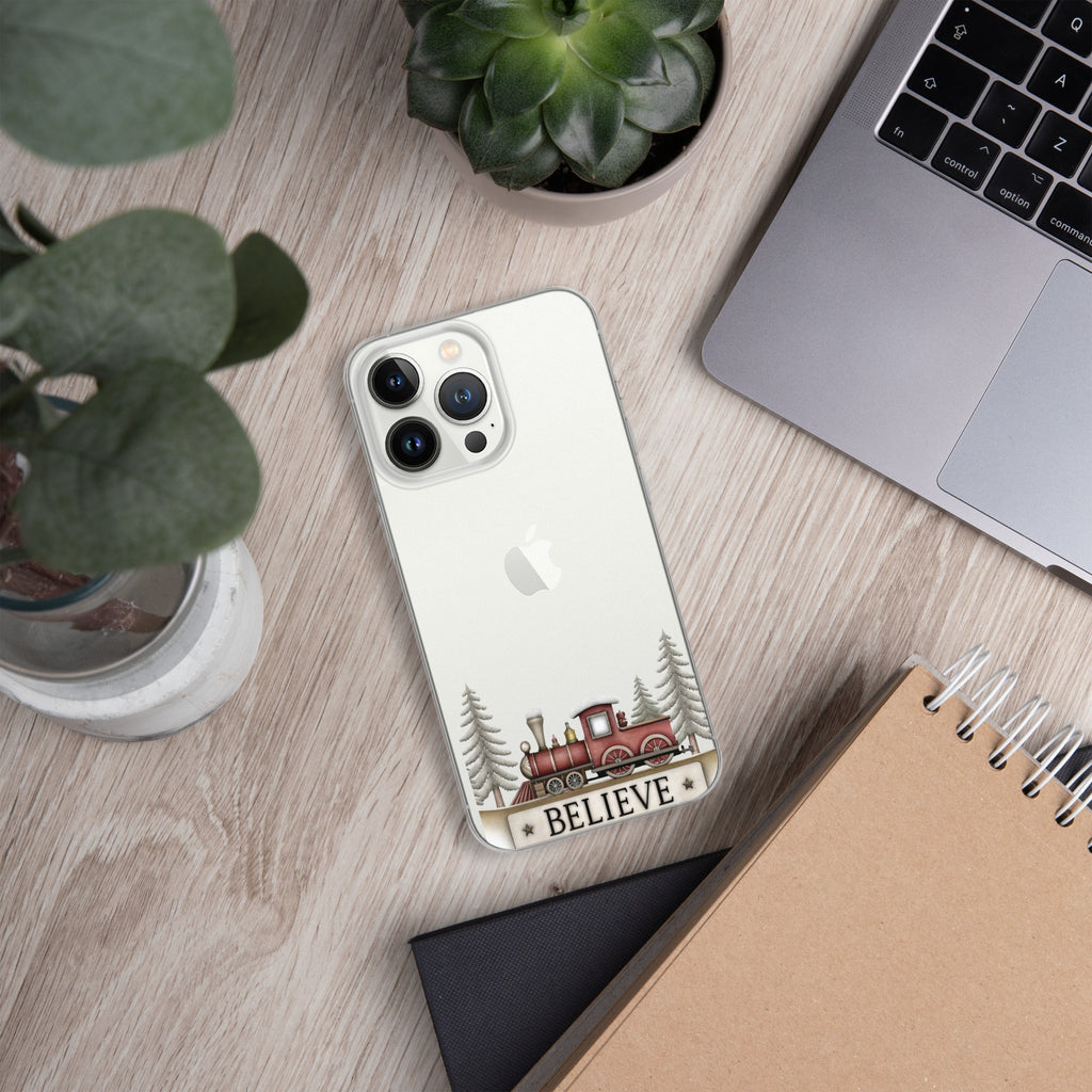Christmas Believe Train Clear Case for iPhone 13 Pro - Vintage Holiday Train Illustration Protective Cover