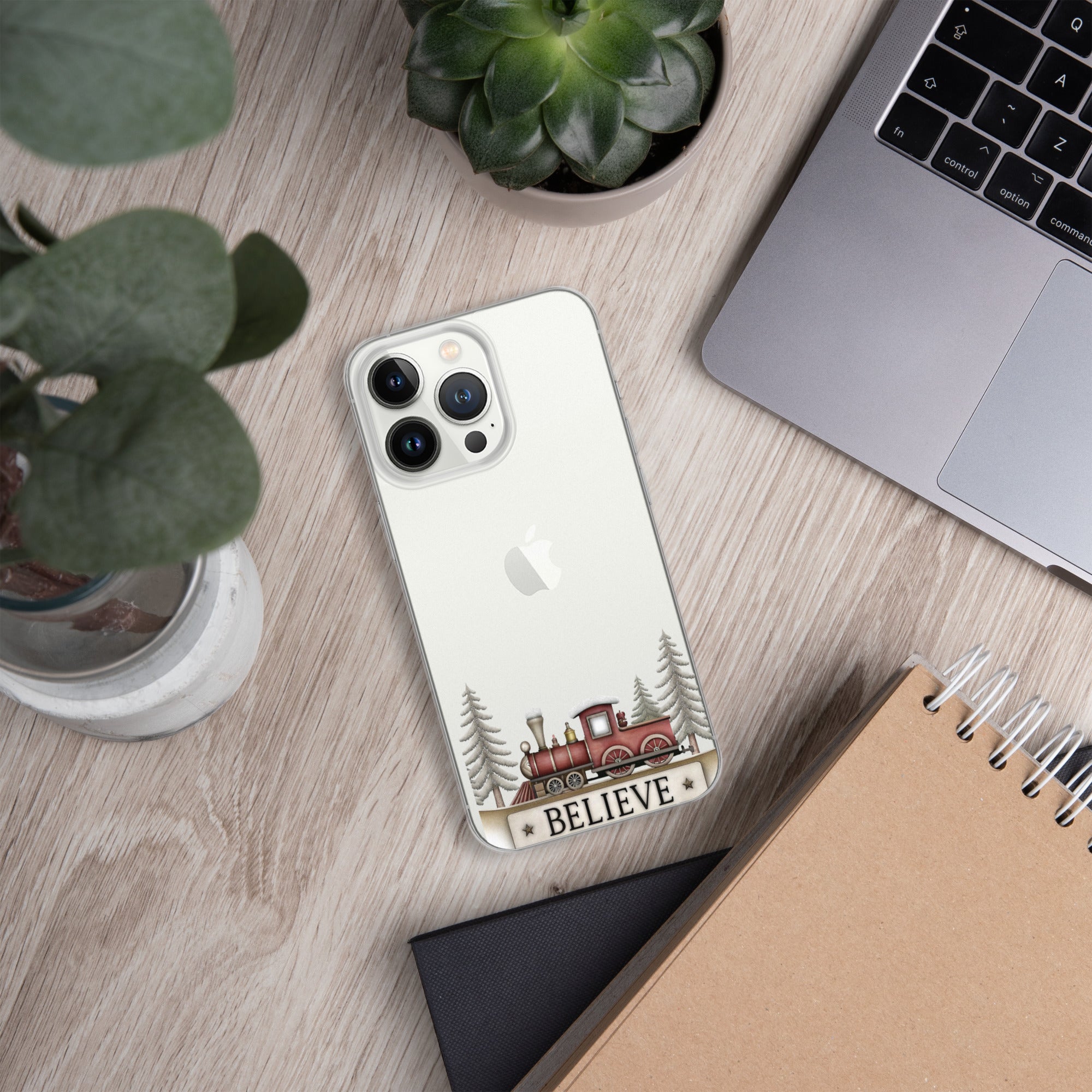 Christmas Believe Train Clear Case for iPhone 13 Pro - Vintage Holiday Train Illustration Protective Cover