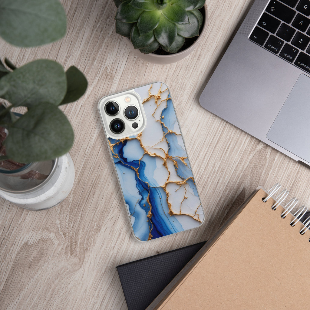 Royal Blue Marble Luxe Clear Case for iPhone 13 Pro - Luxury Blue & Gold Marble Protective Cover