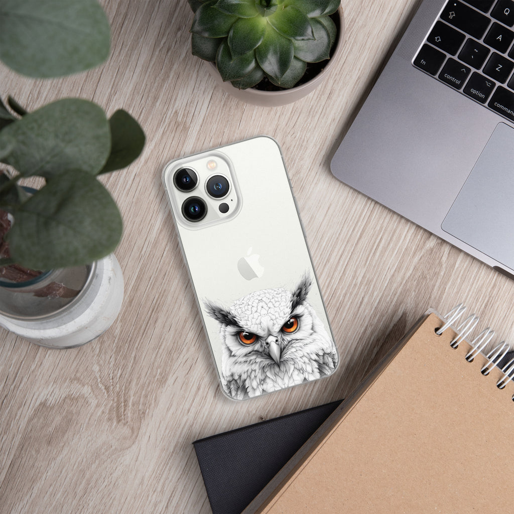 Snowy Owl Glare Clear Case for iPhone 13 Pro - Minimalist White Owl Illustration Protective Cover