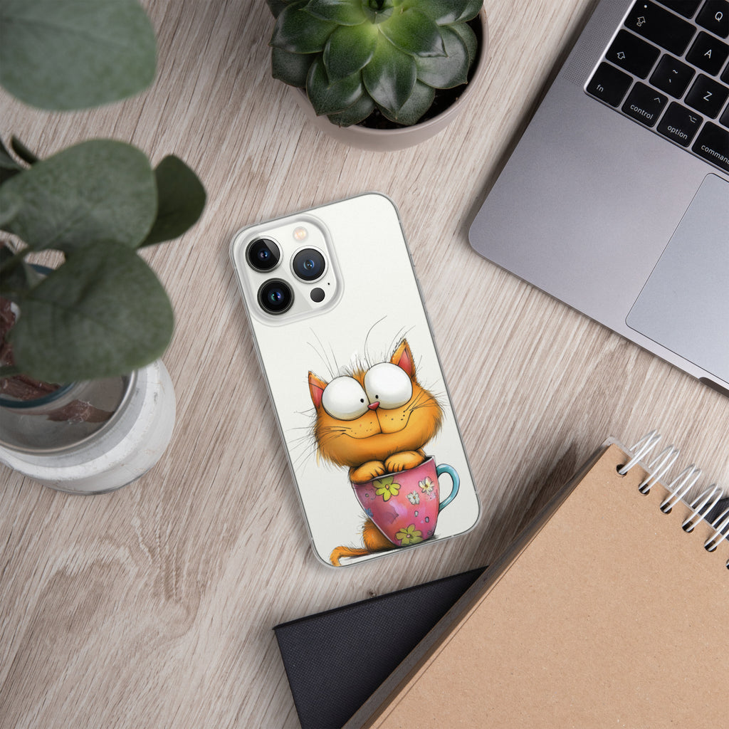 Goofy Cat in Cup Clear Case for iPhone 13 Pro - Funny Cartoon Kitty Protective Cover