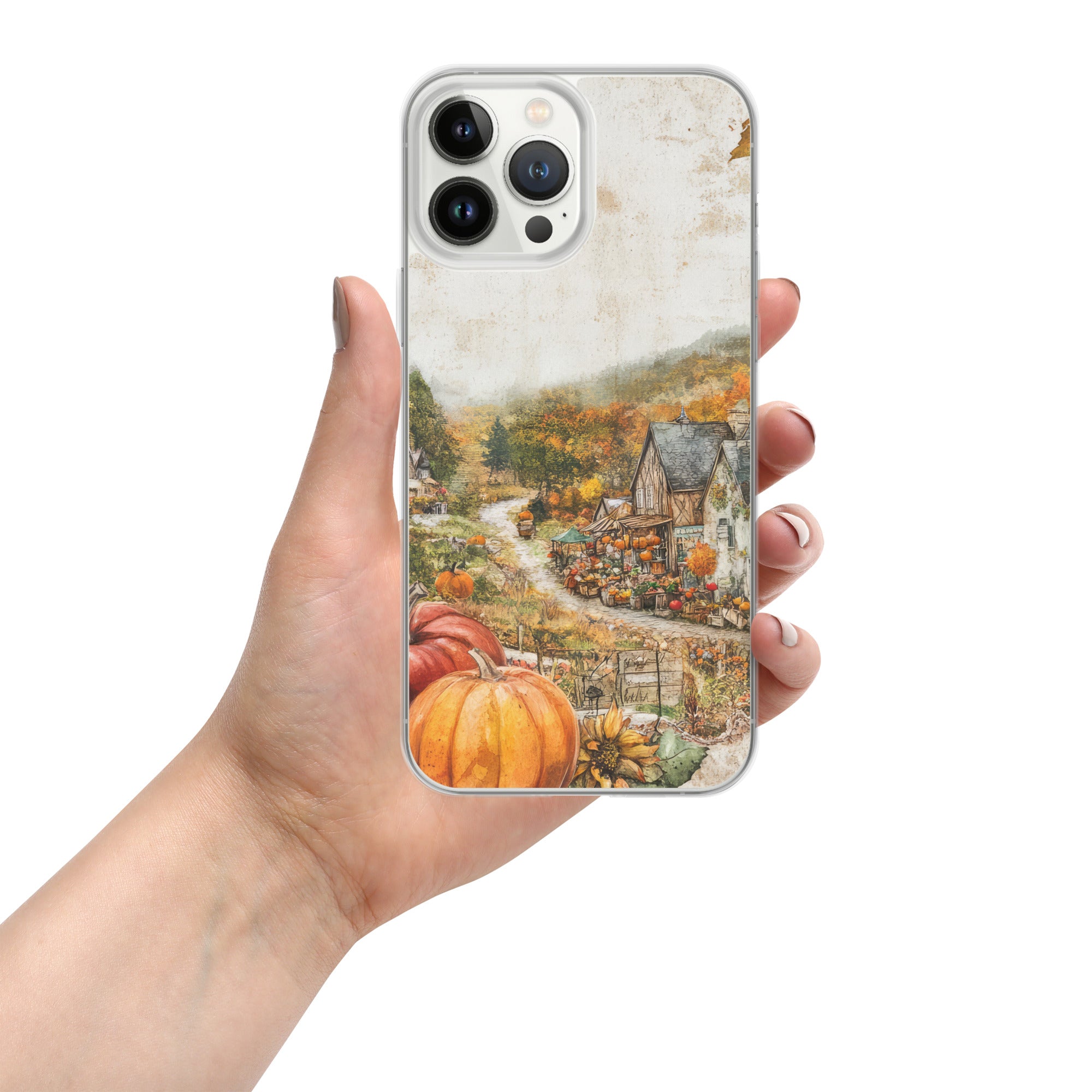 Autumn Village Clear Case for iPhone 13 Pro Max - Fall Rustic Pumpkin Design Protective Cover