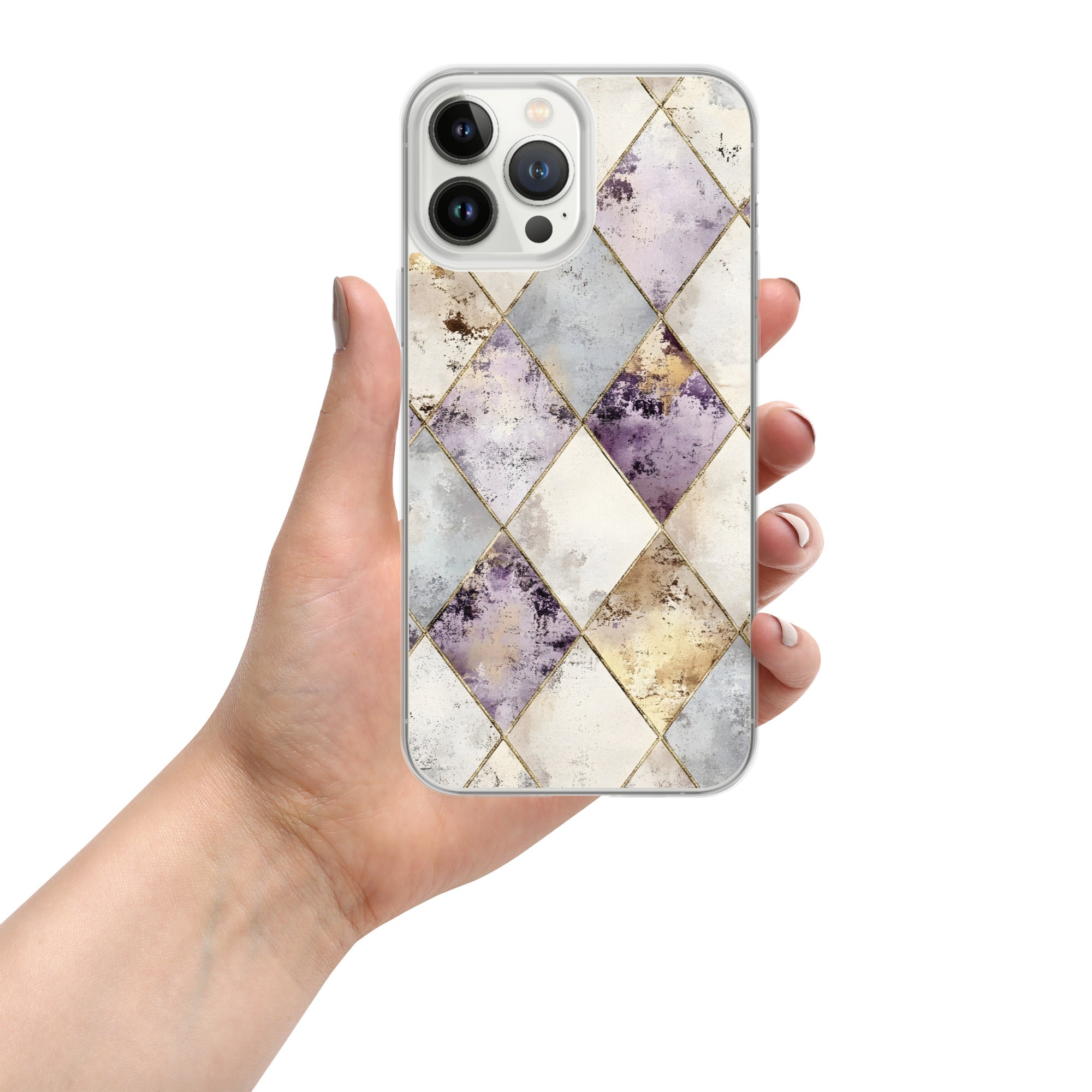 Golden Harlequin Damask Clear Case for iPhone 13 Pro Max - Elegant Gold Geometric Protective Cover