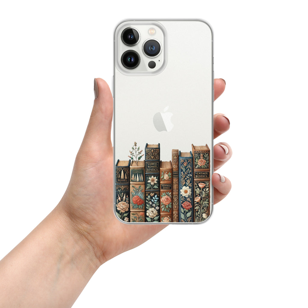 Vintage Floral Bookshelf Clear Case for iPhone 13 Pro Max - Dark Academia Book Lover Cover