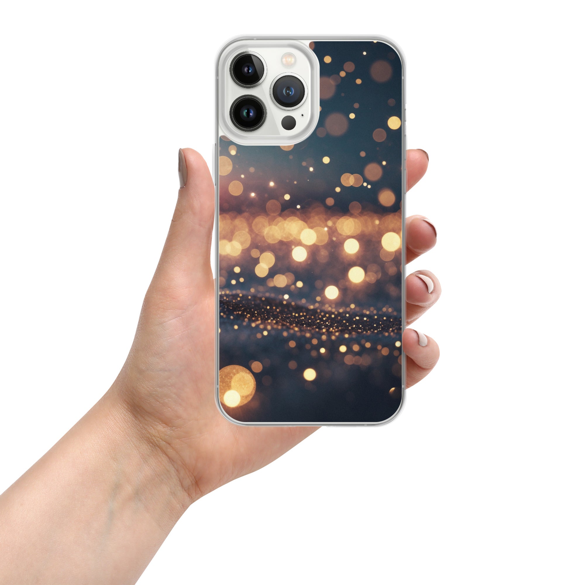 Golden Sparkle Bokeh Clear Case for iPhone 13 Pro Max - Glam Gold Light Glitter Protective Cover