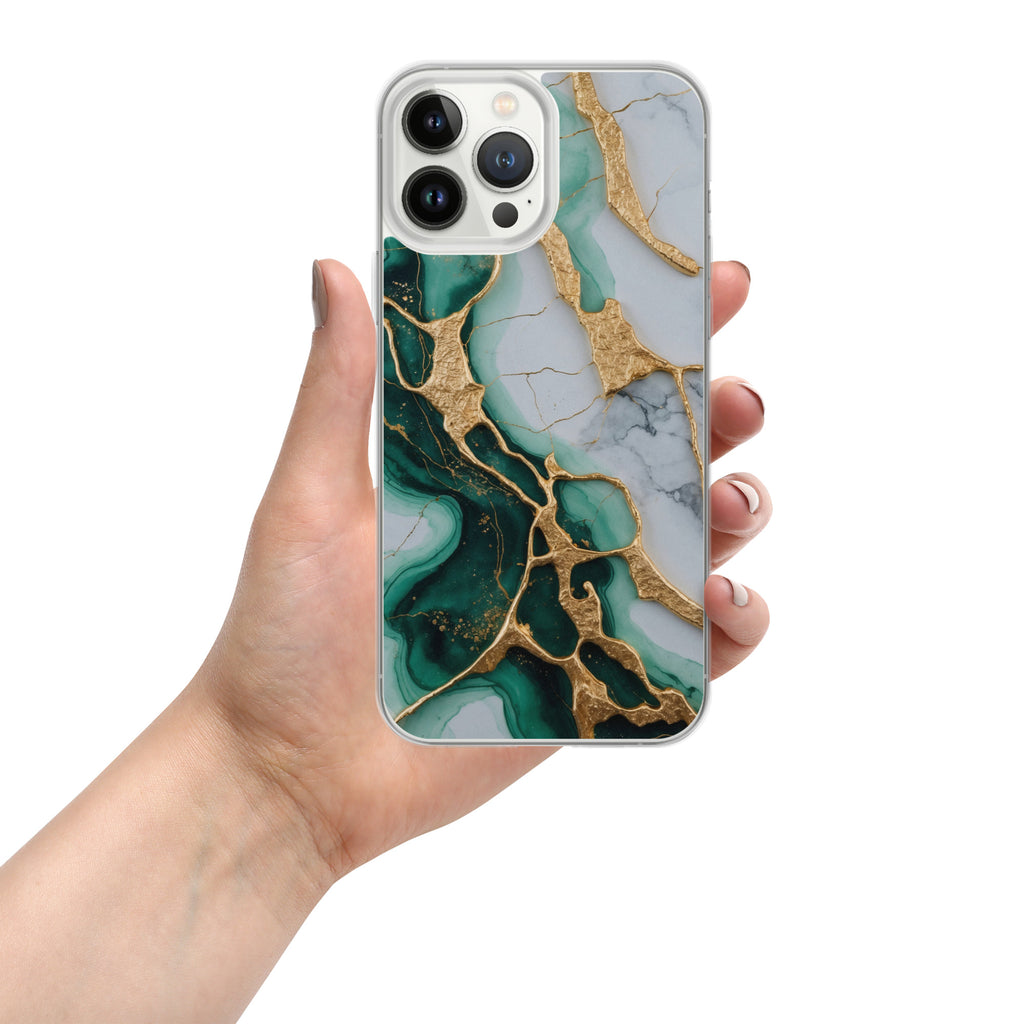 Emerald Golden Marble Flow Clear Case for iPhone 13 Pro Max - Luxury Green & Gold Marble Protective Cover