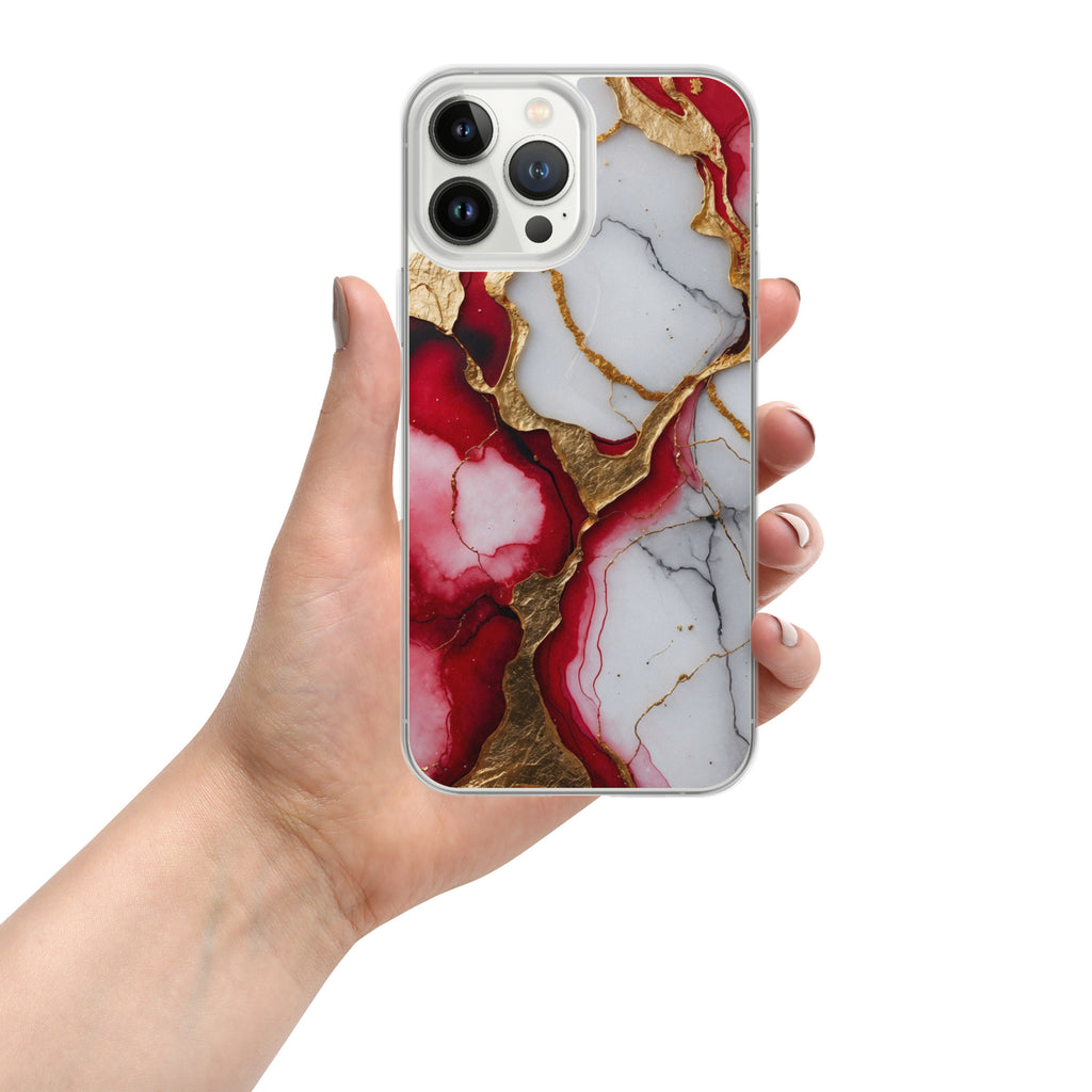 Crimson Golden Marble Luxe Clear Case for iPhone 13 Pro Max - Luxury Red & Gold Marble Protective Cover