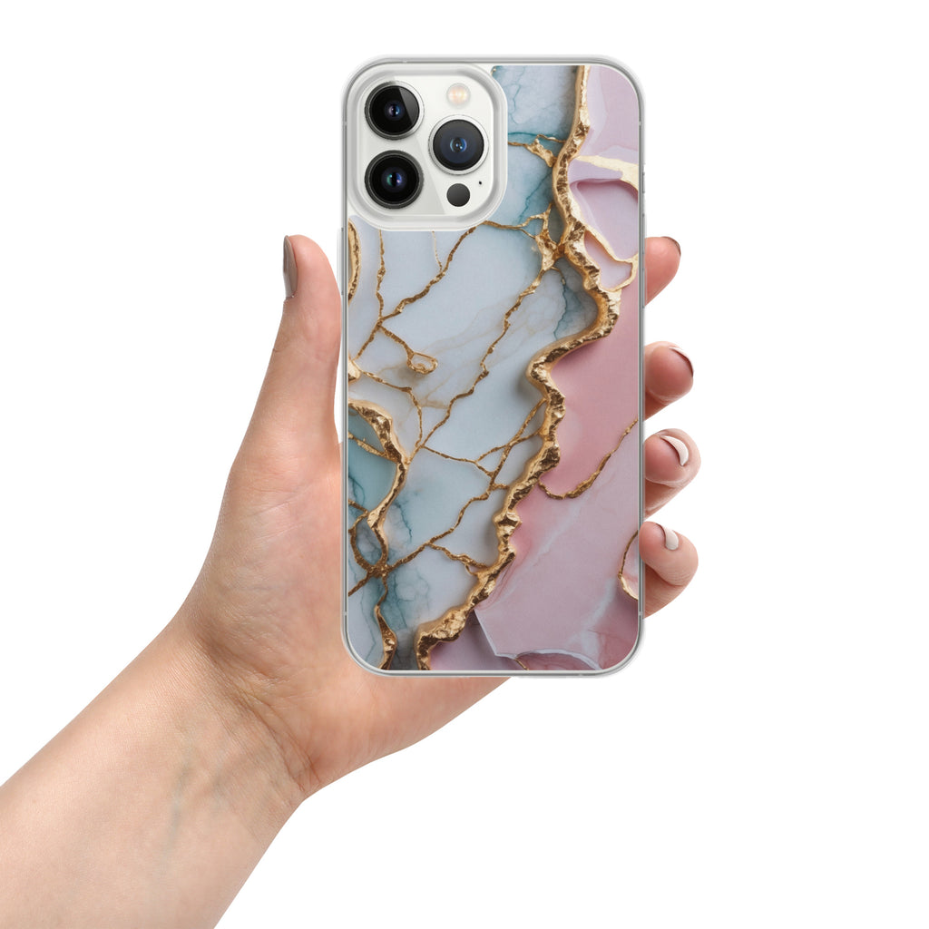 Pastel Golden Marble Fusion Clear Case for iPhone 13 Pro Max - Luxury Pink & Blue Marble Protective Cover