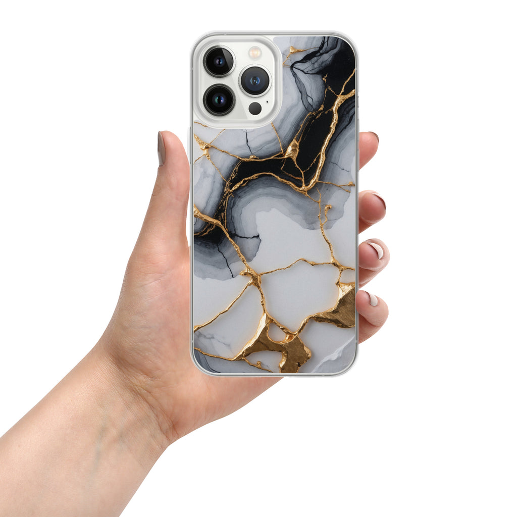 Golden Marble Veins Clear Case for iPhone 13 Pro Max - Luxury Black & White Marble Protective Cover
