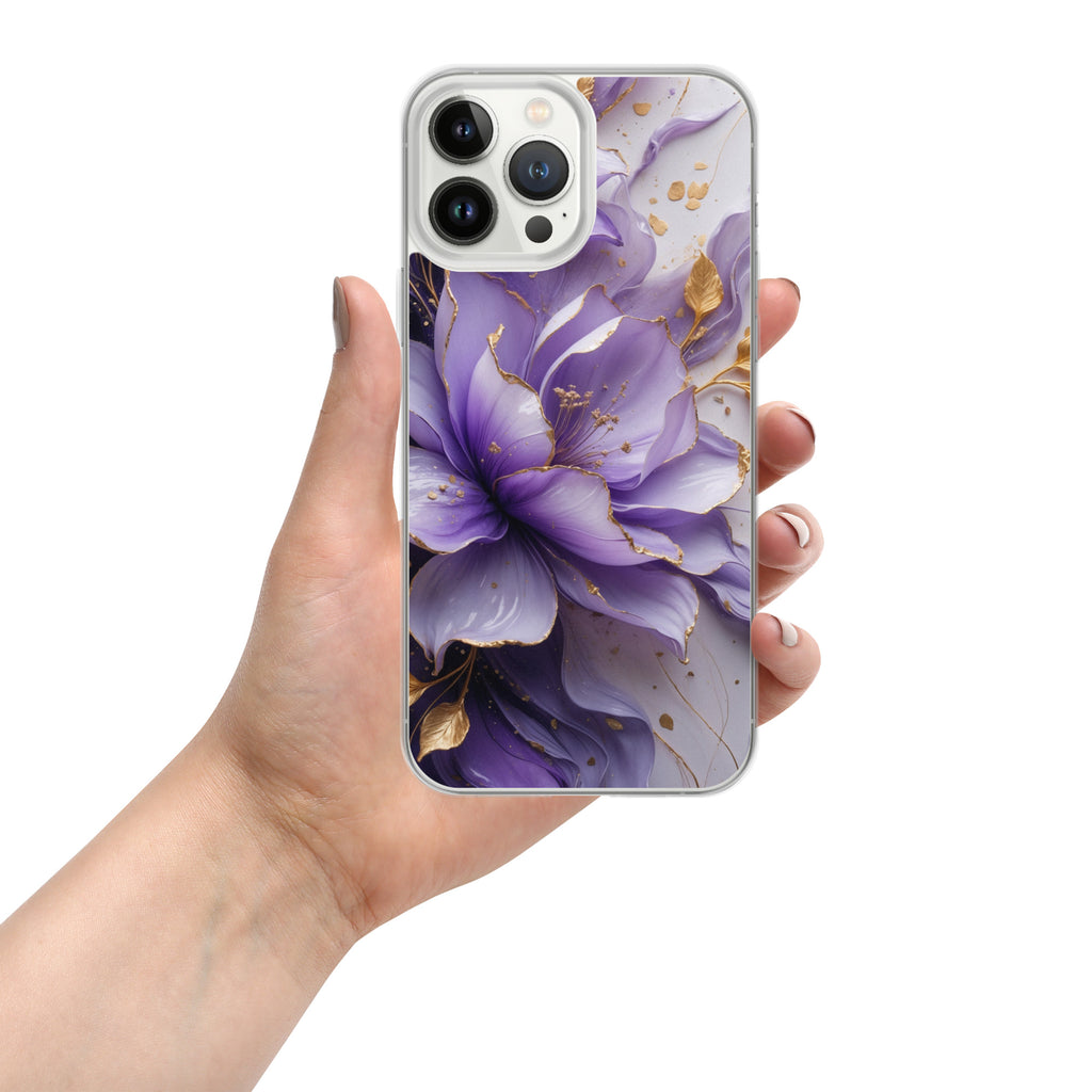 Royal Violet Bloom Clear Case for iPhone 13 Pro Max - Luxury Purple & Gold Floral Protective Cover