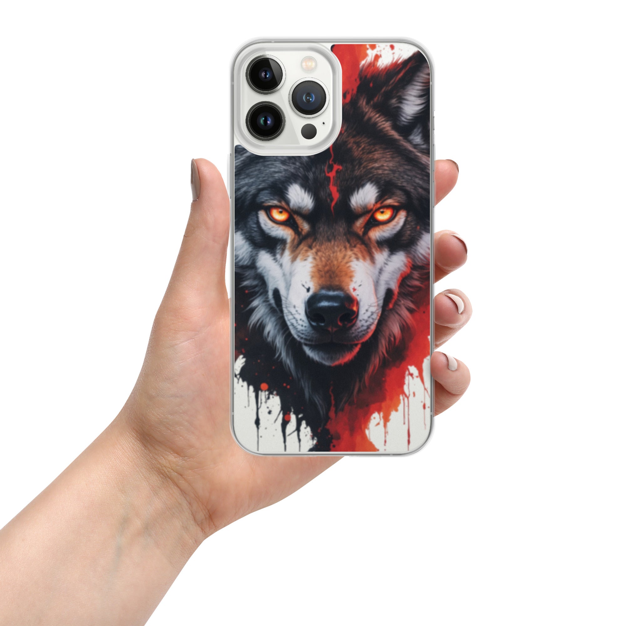 Dual Flame Wolf Clear Case for iPhone 13 Pro Max - Fierce Wolf Artwork Protective Cover