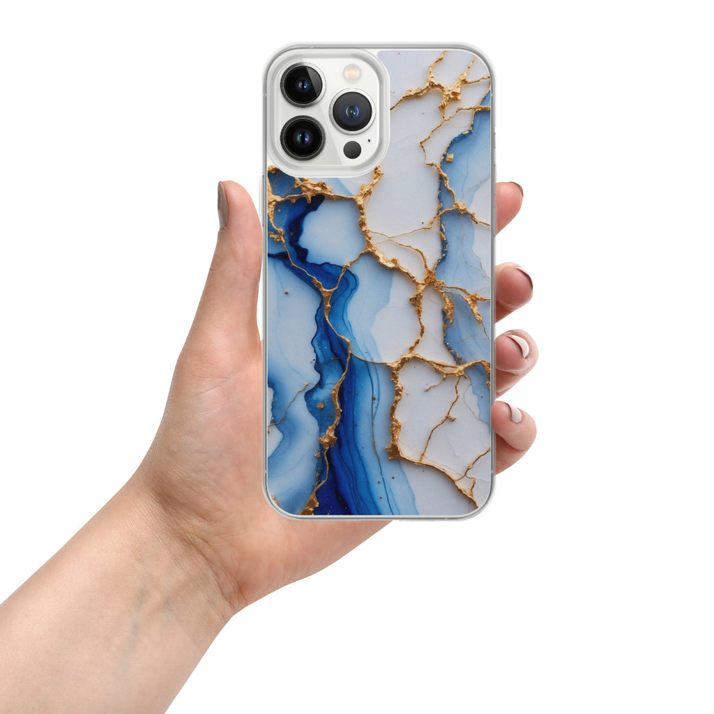 Royal Blue Marble Luxe Clear Case for iPhone 13 Pro Max - Luxury Blue & Gold Marble Protective Cover
