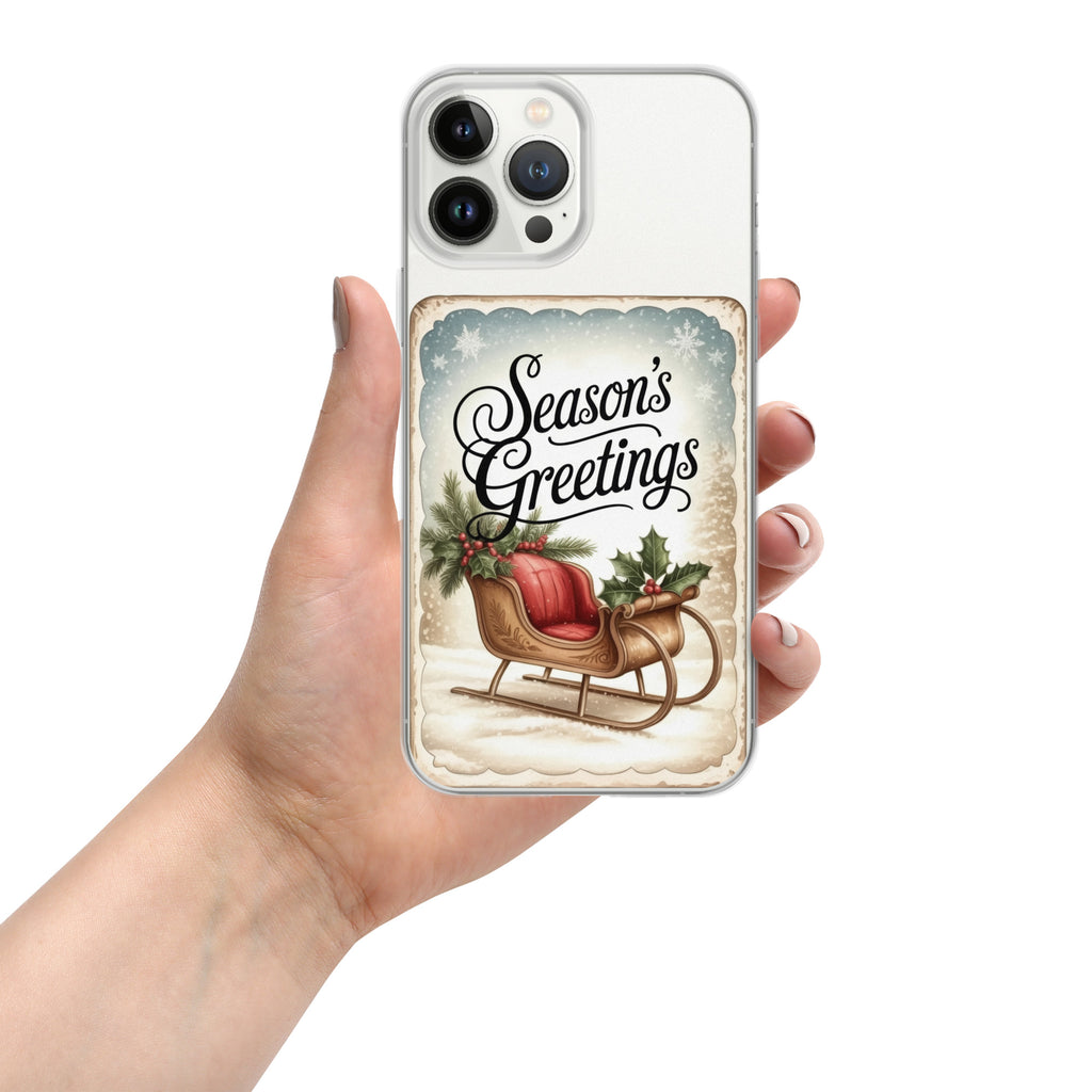 Season’s Greetings Vintage Holiday Clear Case for iPhone 13 Pro Max - Retro Christmas Sleigh Festive Cover