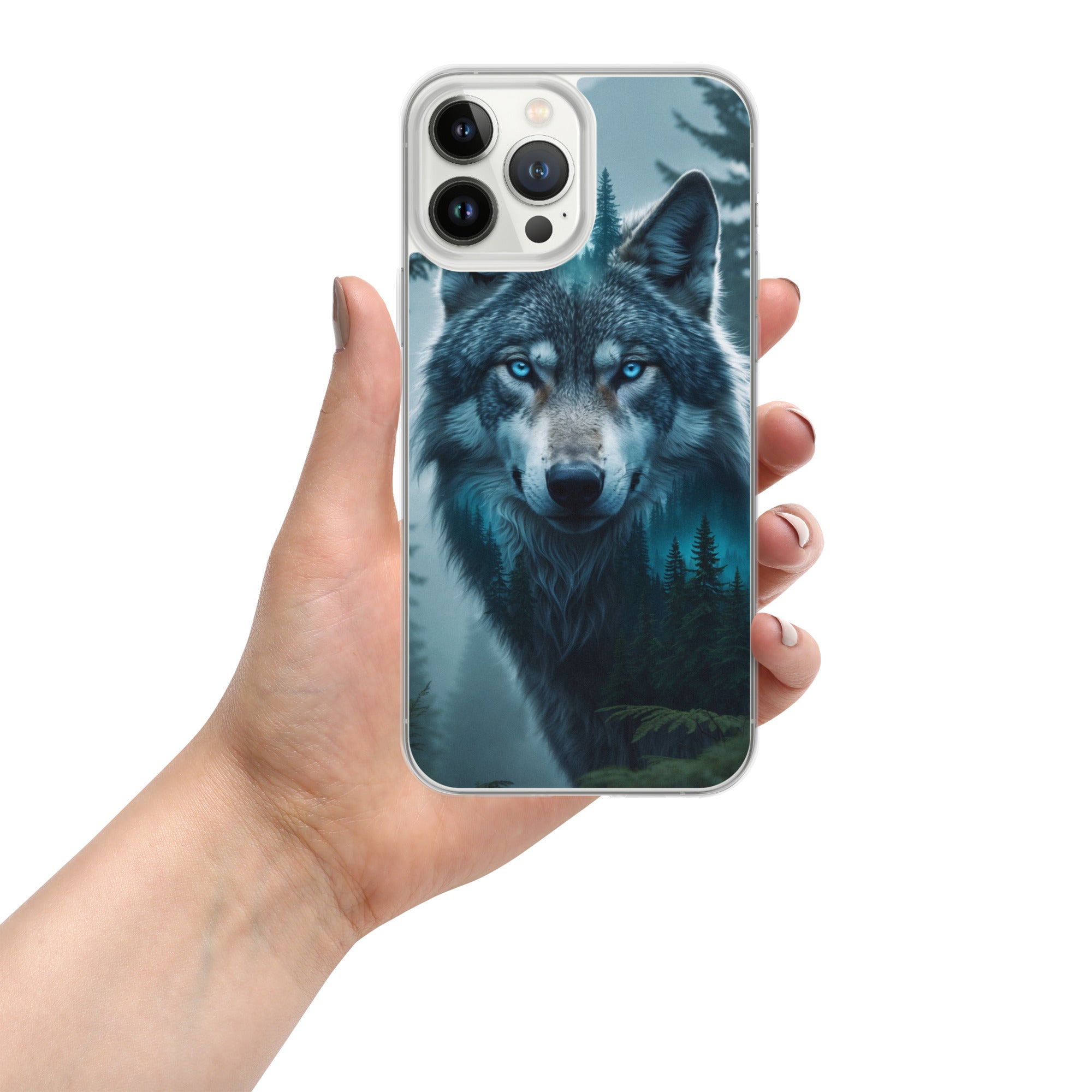 Arctic Forest Wolf Clear Case for iPhone 13 Pro Max - Blue-Eyed Wolf Nature Protective Cover