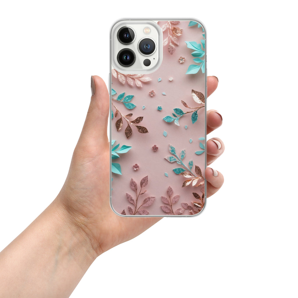 Blush Garden Glam Clear Case for iPhone 13 Pro Max - Pink & Teal Glitter Floral Protective Cover