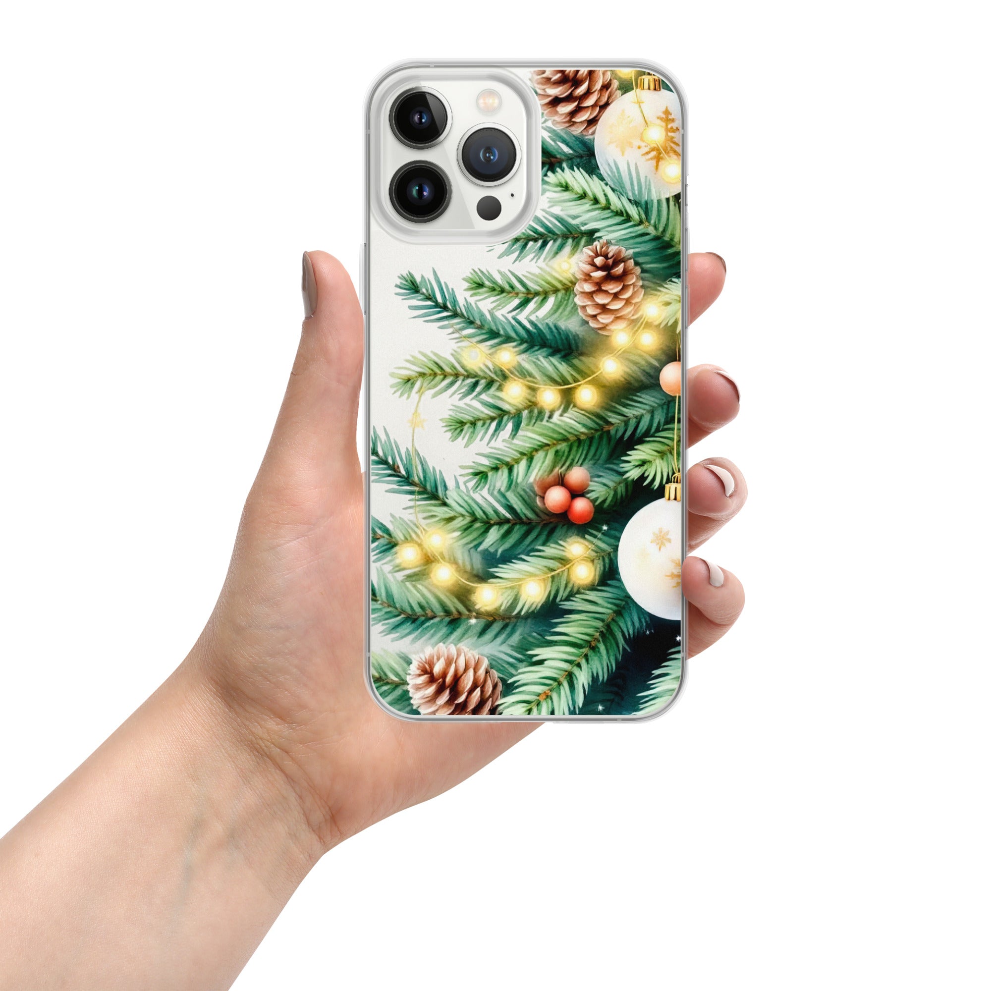 Holiday Pine Glow Clear Case for iPhone 13 Pro Max - Christmas Pine Branches & Warm Lights Protective Cover