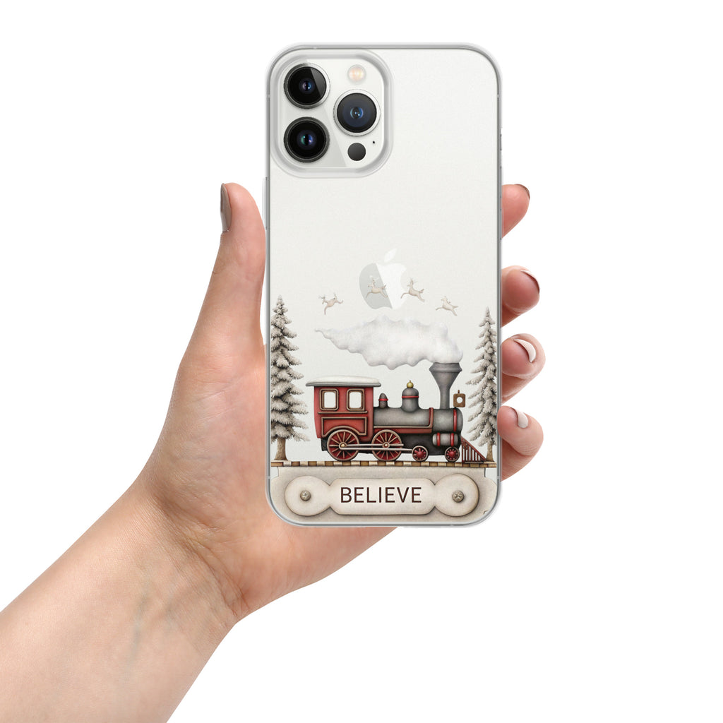 Believe Christmas Train Clear Case for iPhone 13 Pro Max - Vintage Holiday Locomotive Winter Scene Cover
