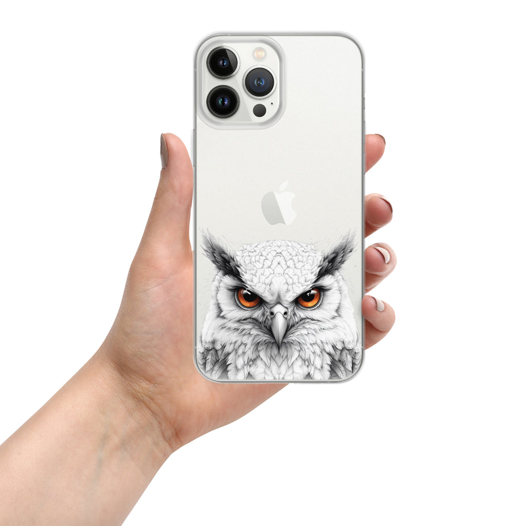 Snowy Owl Glare Clear Case for iPhone 13 Pro Max - Minimalist White Owl Illustration Protective Cover