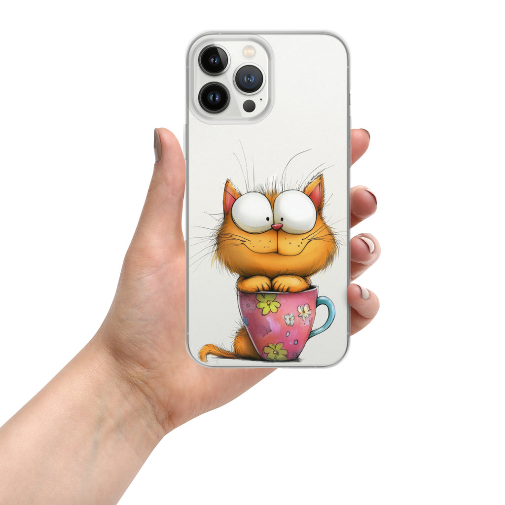 Goofy Cat in Cup Clear Case for iPhone 13 Pro Max - Funny Cartoon Kitty Protective Cover