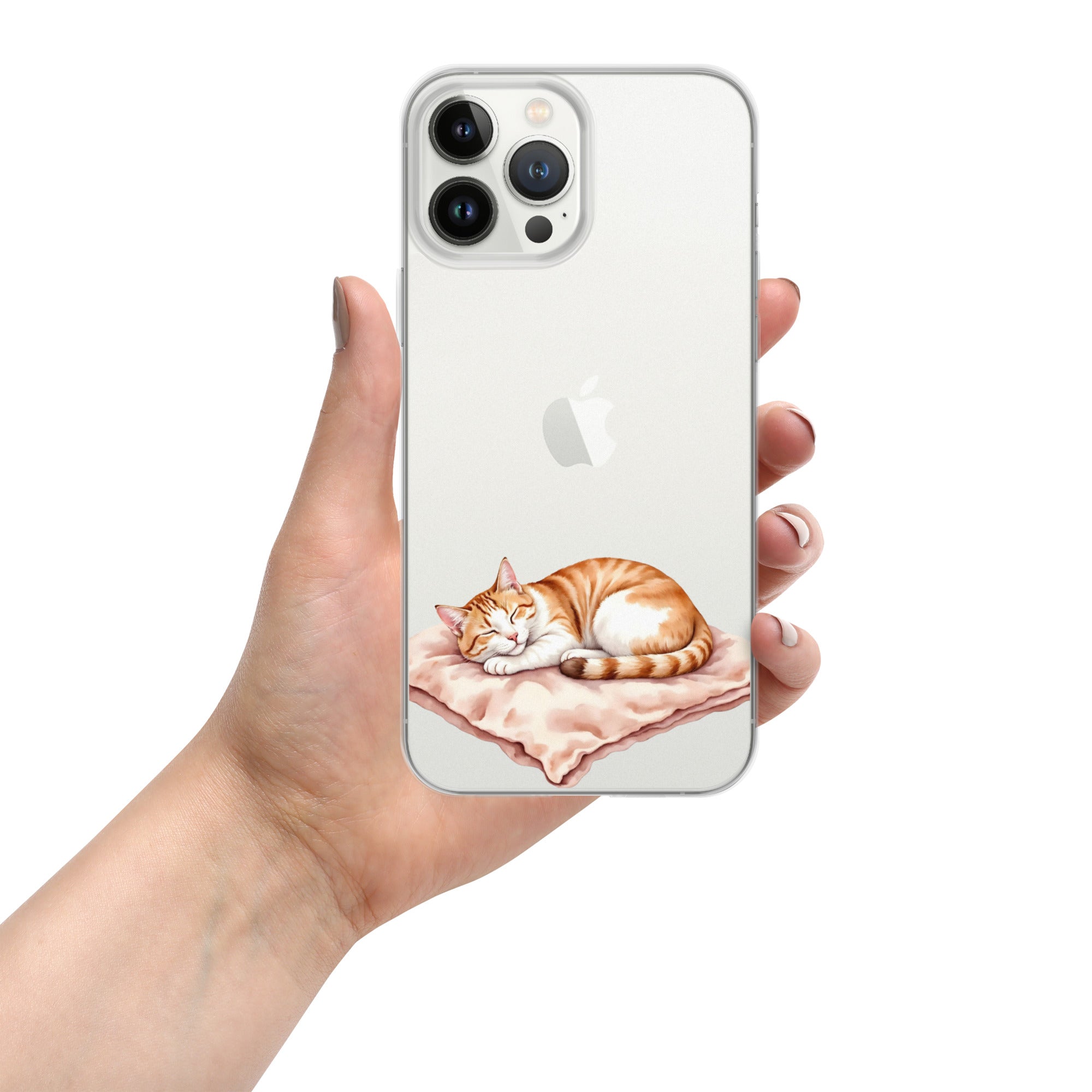 Sleepy Cat on Pillow Clear Case for iPhone 13 Pro Max - Cute Cozy Kitty Illustration Protective Cover