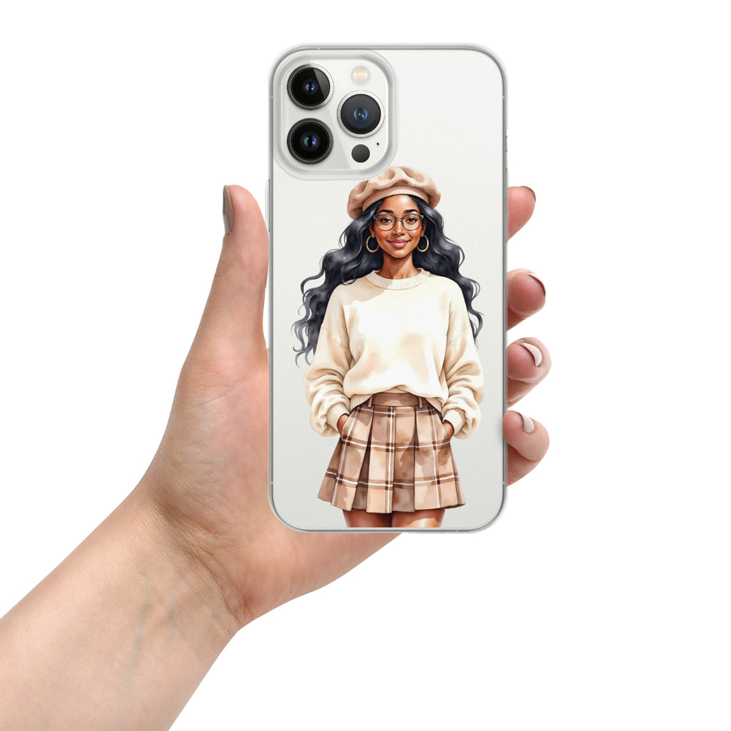 Cozy Plaid Autumn Girl Clear Case for iPhone 13 Pro Max - Fashion Illustration Protective Cover