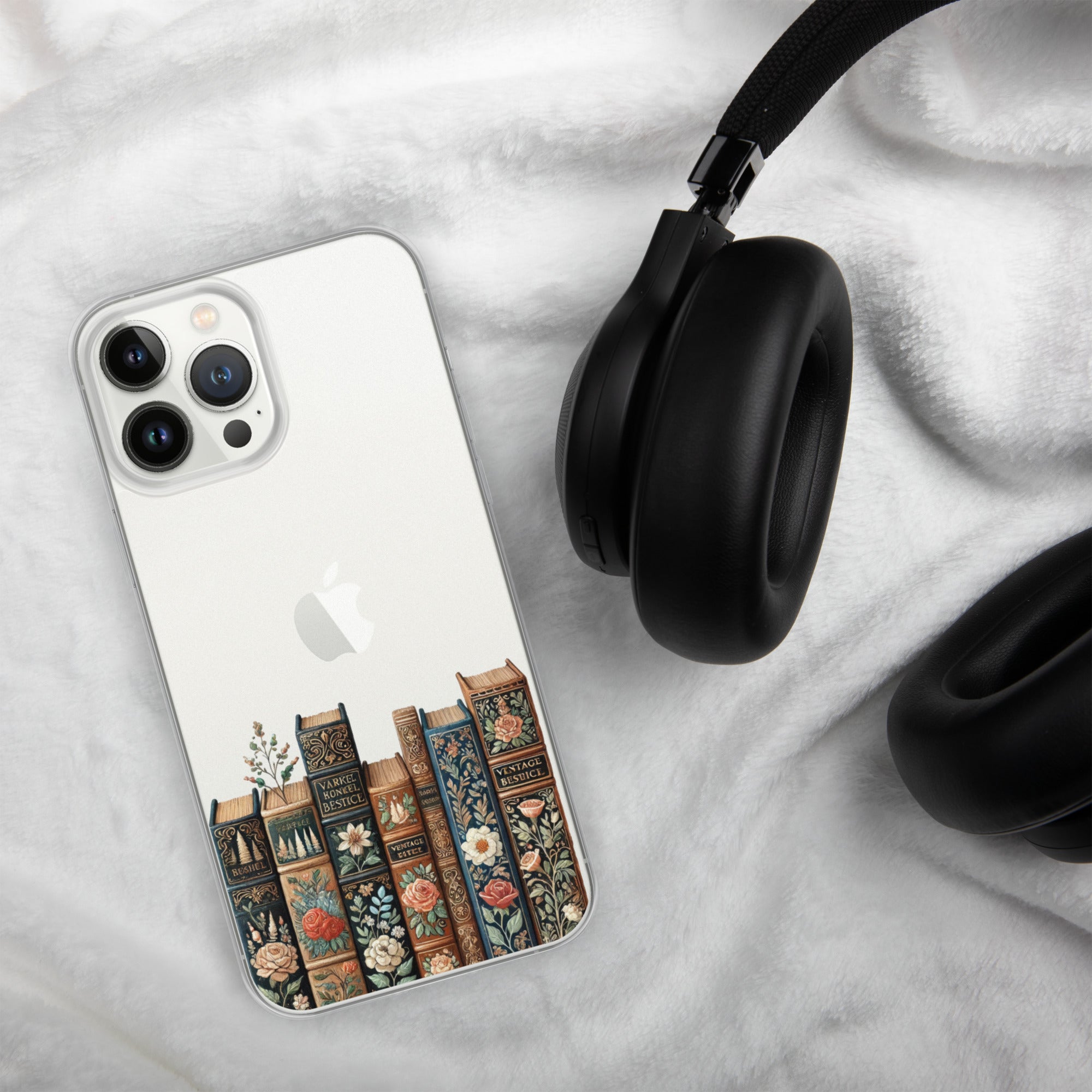 Vintage Floral Bookshelf Clear Case for iPhone 13 Pro Max - Dark Academia Book Lover Cover