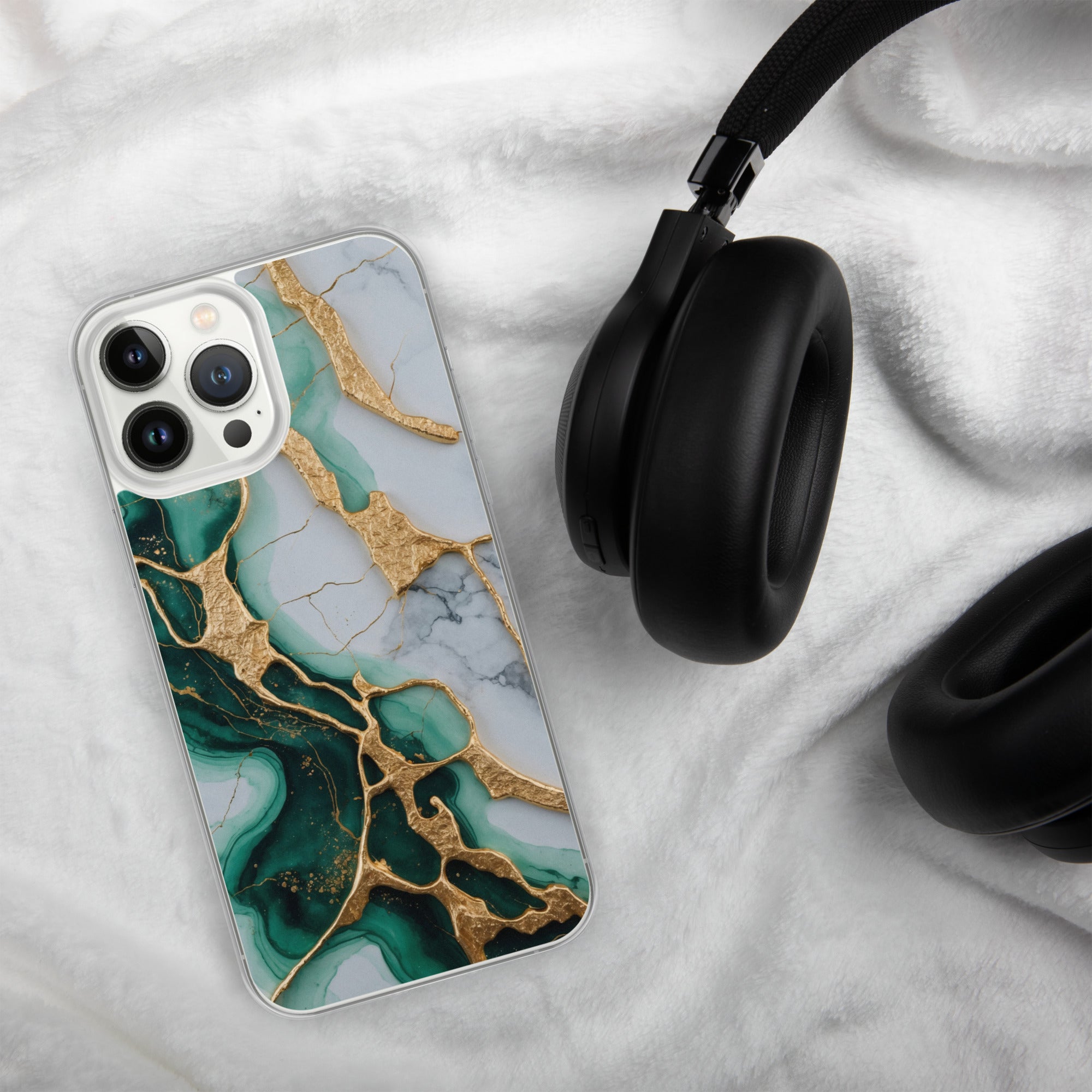 Emerald Golden Marble Flow Clear Case for iPhone 13 Pro Max - Luxury Green & Gold Marble Protective Cover