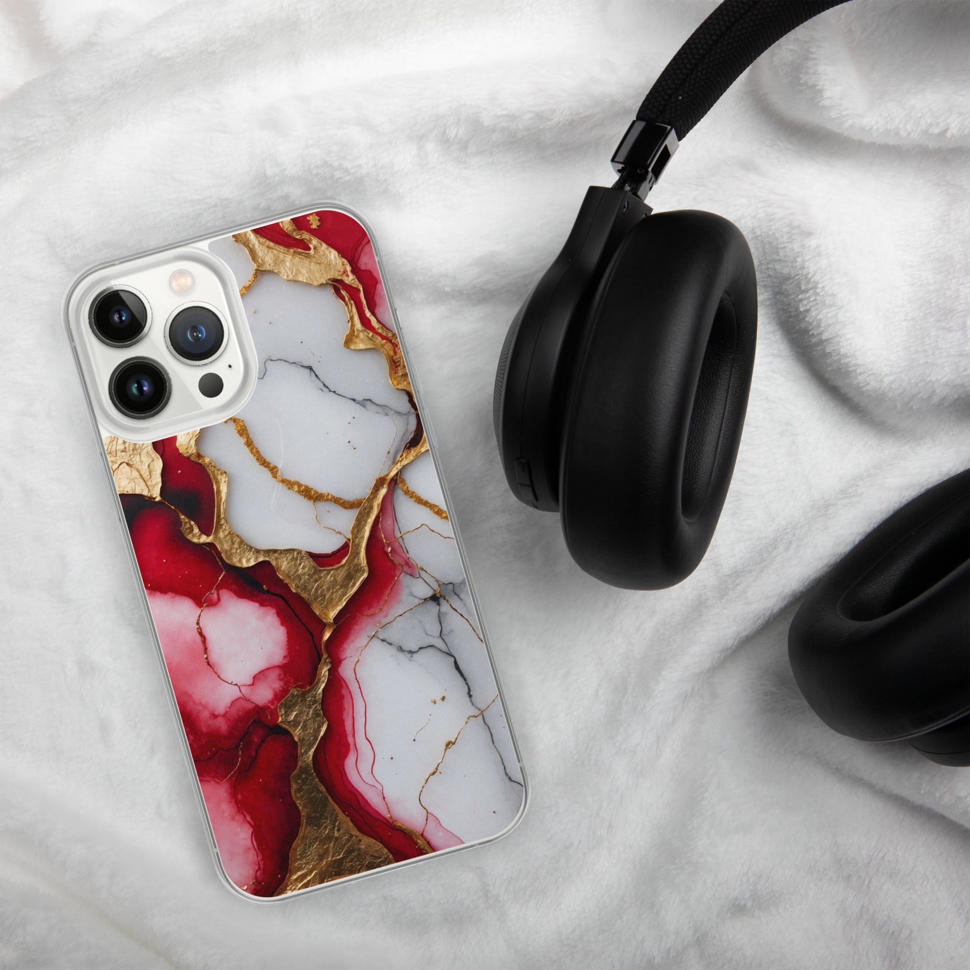 Crimson Golden Marble Luxe Clear Case for iPhone 13 Pro Max - Luxury Red & Gold Marble Protective Cover