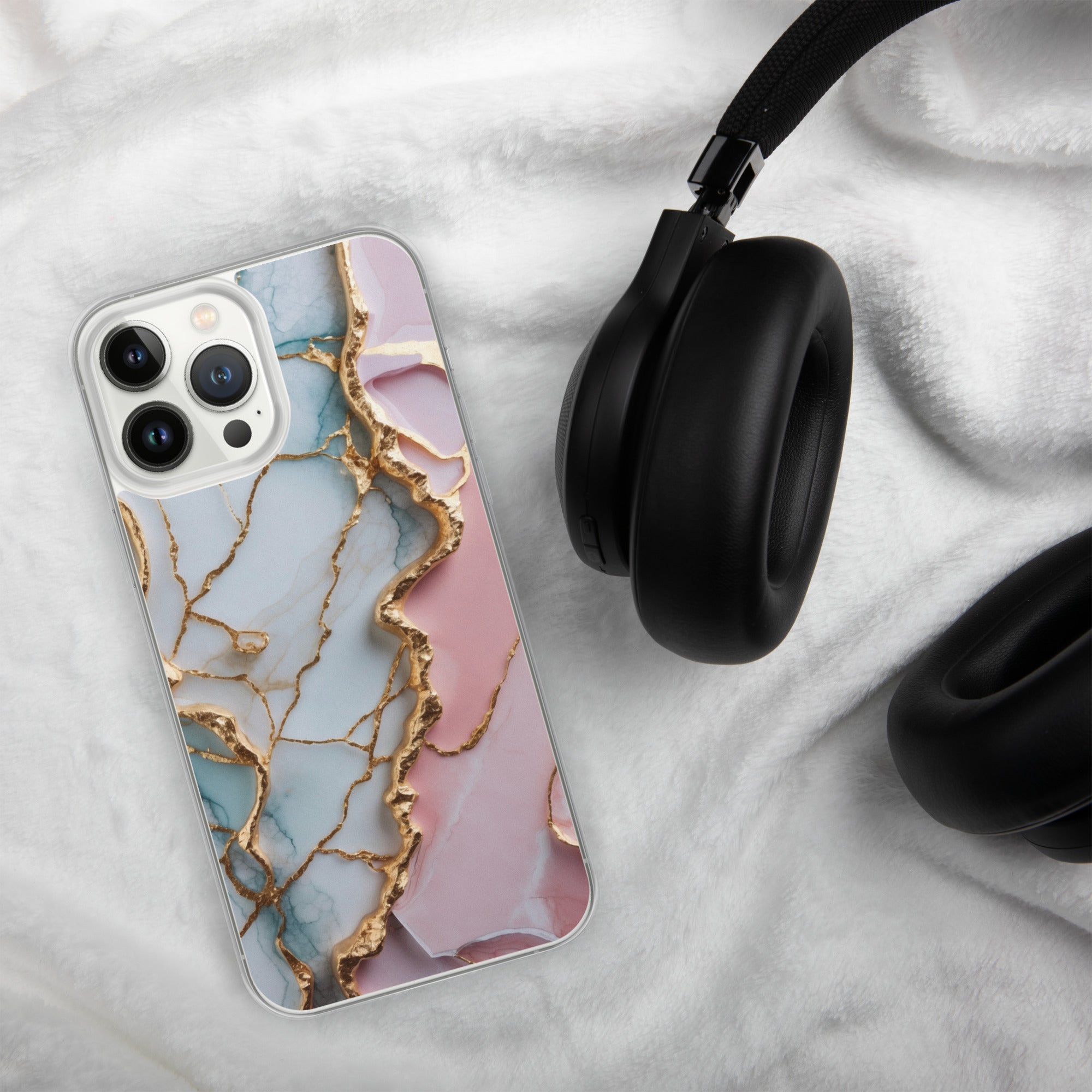 Pastel Golden Marble Fusion Clear Case for iPhone 13 Pro Max - Luxury Pink & Blue Marble Protective Cover