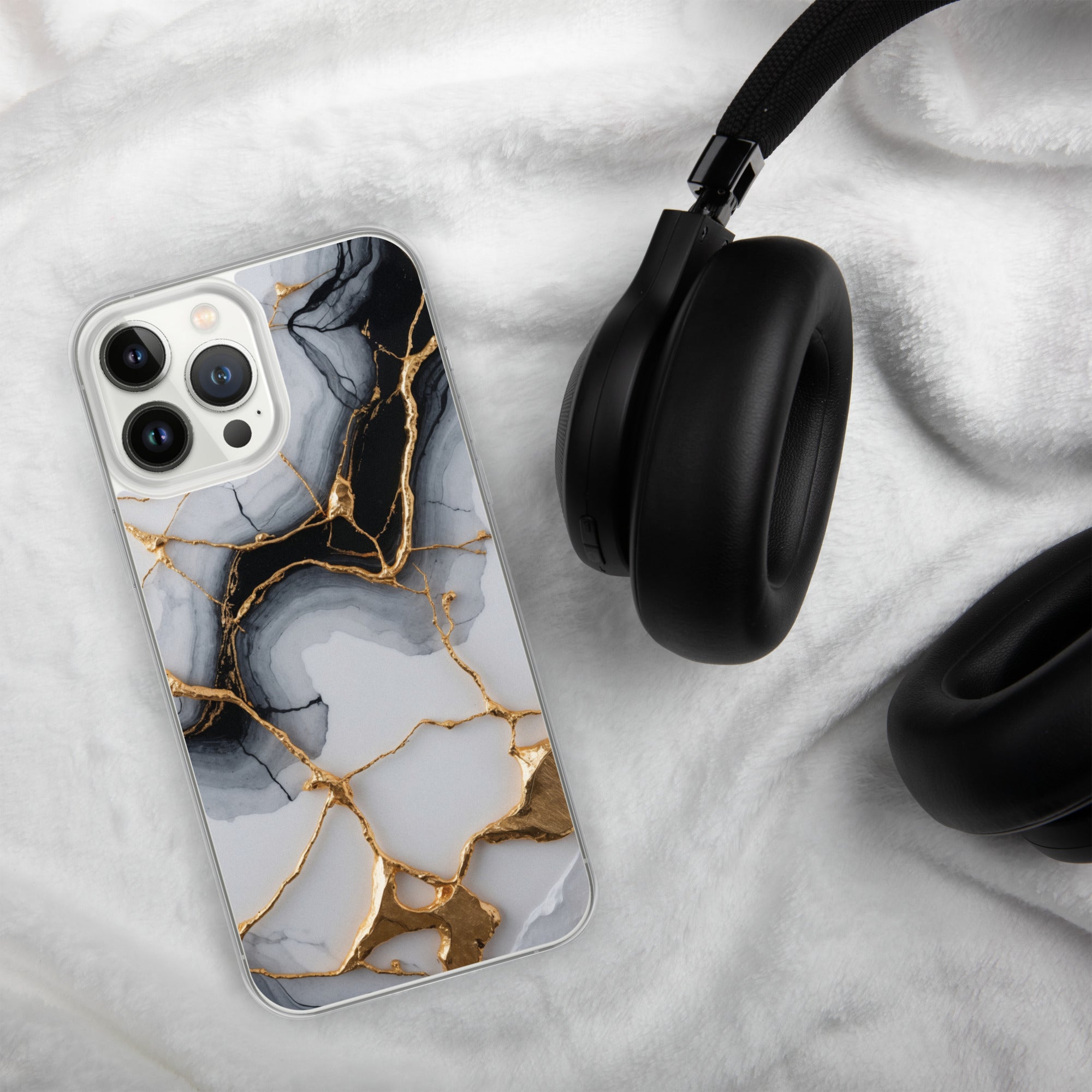 Golden Marble Veins Clear Case for iPhone 13 Pro Max - Luxury Black & White Marble Protective Cover