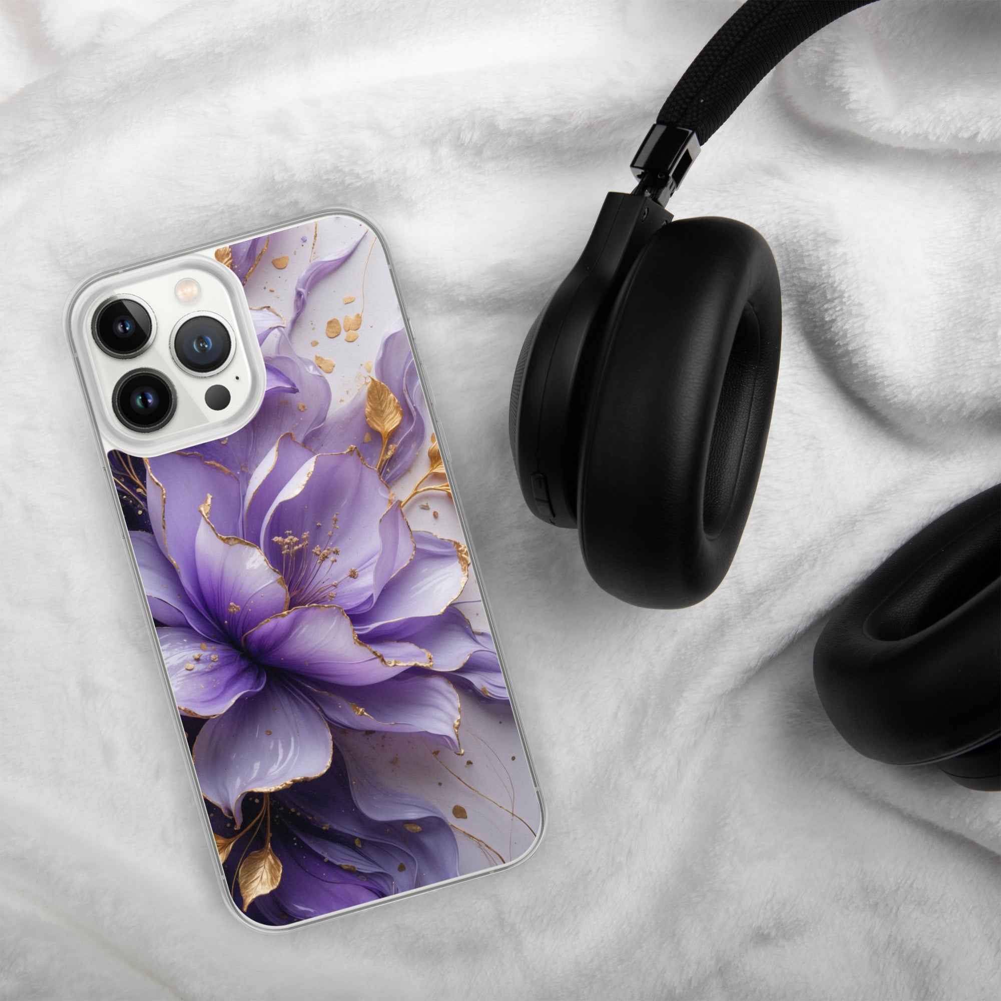 Royal Violet Bloom Clear Case for iPhone 13 Pro Max - Luxury Purple & Gold Floral Protective Cover